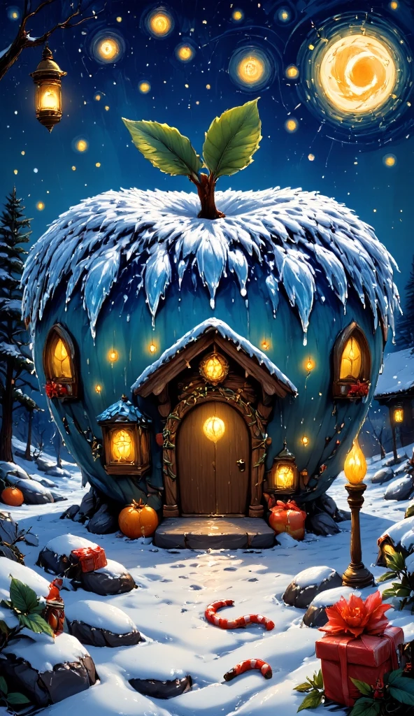  Modern simple art ， Fantastic colored ink art The Christmas cottage ，In the shape of an apple ， The surface is inlaid with shining ice crystals and lanterns ， Huge candy canes and gift boxes are placed in front of the door， There are falling snowflakes and bright starry skies in the distance ，Full of fantastic colors，Vignette， Elegant digital art , Beautiful digital illustrations,  simple style 