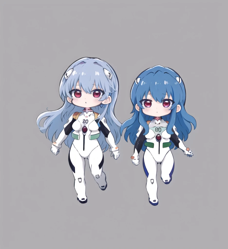 masterpiece,  top quality ,  very detailed, nozo chibi,  1 girl,  Neon Genesis Evangelion、Rei Ayanami、 blue hair、 long hair、 red eyes、white plug suit、 simple background,  full body,