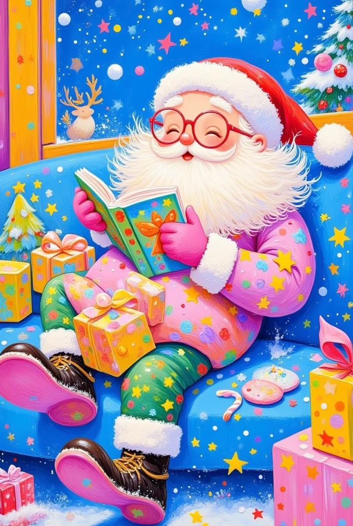 Oil painting, Christmas-themed background, a colorful Santa Claus lying on the sofa reading a book, wearing glasses and a pink hat with red-rimmed eyes, snowflakes falling outside the window, a happy expression, in a colorful cartoon style, with colorful clouds in bright colors, colorful , a cute smile, and warm light shining through the blue sky. The overall color tone is very lively, full of joy.