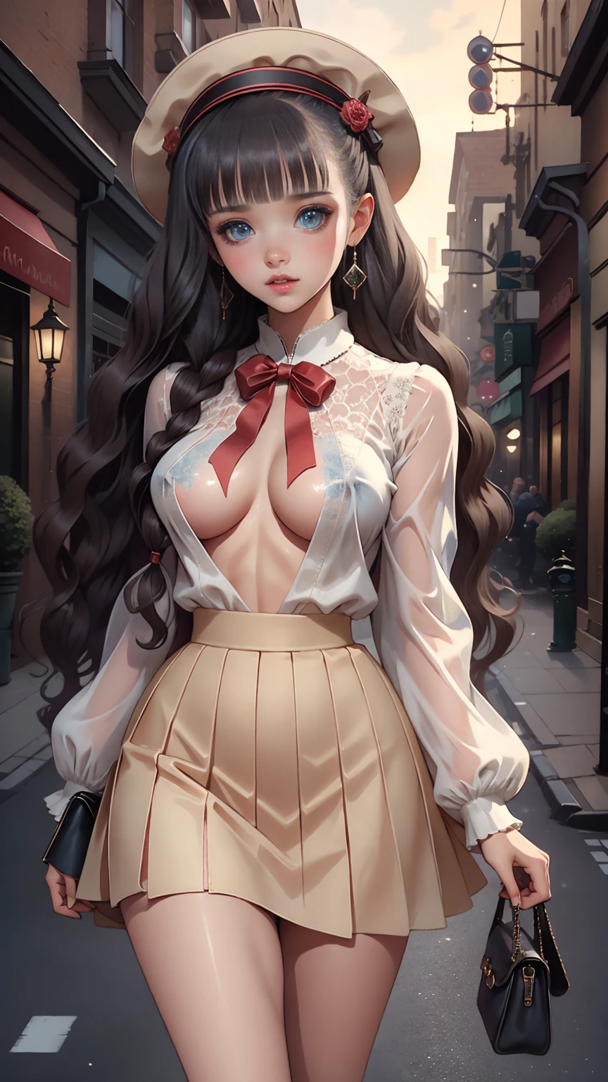  Overlooking the street level from a skyscraper、 Anime-Inspired Woman ,  1 girl, Alone,  skirt,  has , socks, mini  has ,  is watching viewers, gem,  black footwear ,  Long Sleeve , black  skirt, white socks, pleated  skirt,  standing with different breasts ,  earrings for women with first name,  black headwear,   Closed Mouth ,  shirt, Brown Hair,  outdoors on the street at night, bangs. ( top quality , masterpiece,  Ultra Details,  illustrations:1.2),(8k wallpaper),( beautiful  detail eyes:1.2),  beautiful,  amazing,  detail eyes, ( detailed skin), pastel color ,AddXL,