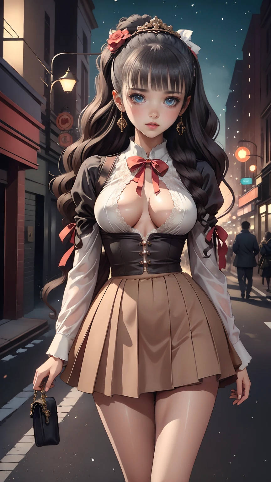  Overlooking the street level from a skyscraper、 Anime-Inspired Woman ,  1 girl, Alone,  skirt,  has , socks, mini  has ,  is watching viewers, gem,  black footwear ,  Long Sleeve , black  skirt, white socks, pleated  skirt,  standing with different breasts ,  earrings for women with first name,  black headwear,   Closed Mouth ,  shirt, Brown Hair,  outdoors on the street at night, bangs. ( top quality , masterpiece,  Ultra Details,  illustrations:1.2),(8k wallpaper),( beautiful  detail eyes:1.2),  beautiful,  amazing,  detail eyes, ( detailed skin), pastel color ,AddXL,