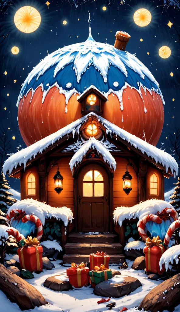  Modern simple art ， Fantastic colored ink art The Christmas cottage ，In the shape of an apple ， The surface is inlaid with shining ice crystals and lanterns ， Huge candy canes and gift boxes are placed in front of the door， There are falling snowflakes and bright starry skies in the distance ，Full of fantastic colors，Vignette， Elegant digital art , Beautiful digital illustrations,  minimal style