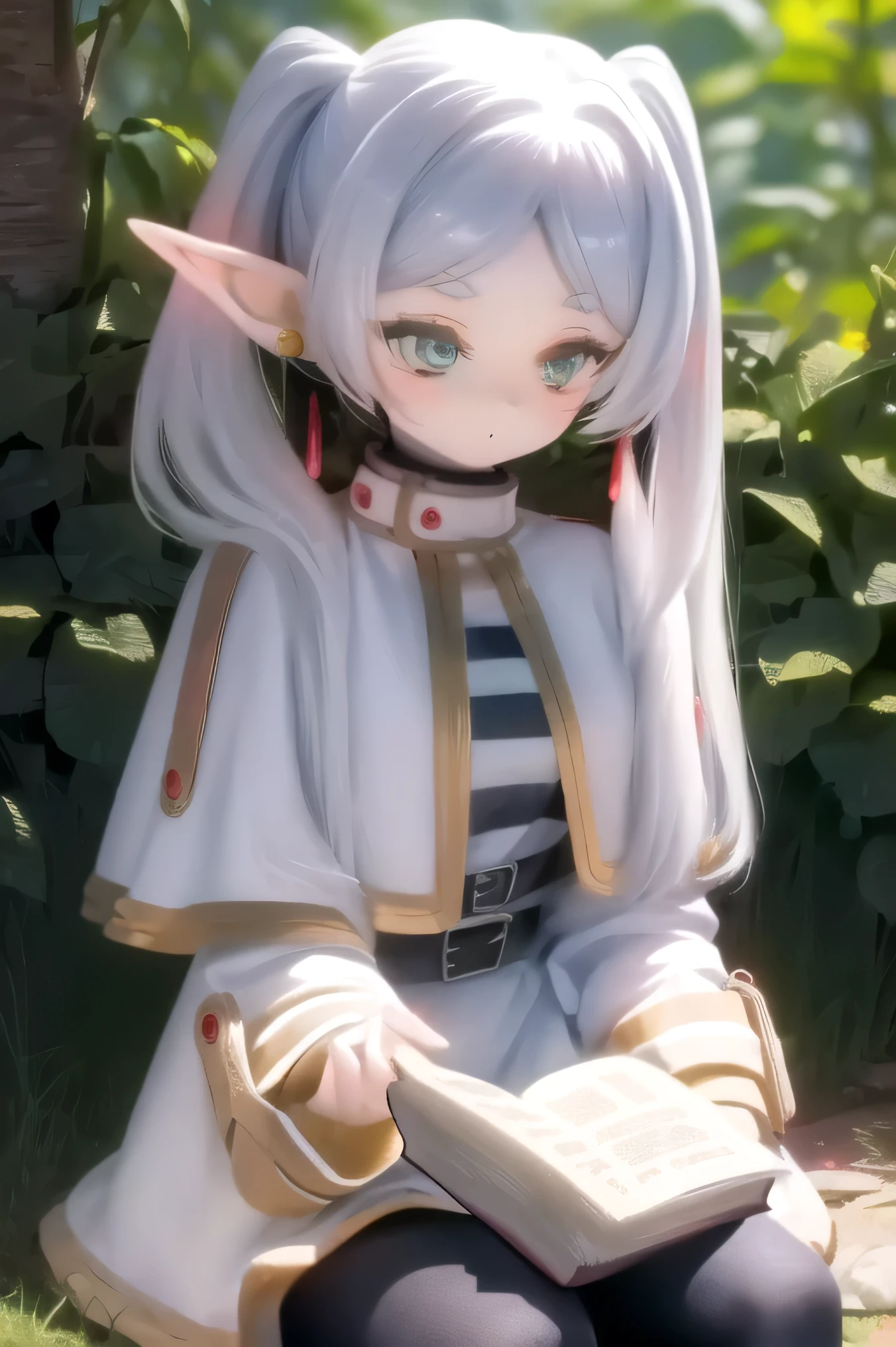 ( top quality,Strange Results :1.3),(Warm lighting:1.2), 1 girl, Intricate Details ,Natural Face,forest, There is a river in the background , spring, Hands between legs , small breasts, thank you, long hair, gray hair, Twin Tails , star , earrings for a woman living alone with her hands between her legs , thick eyebrows, white capelet, striped shirt , Long Sleeve , belt, White Skirt, black pantyhose ((((( reading a book)))))