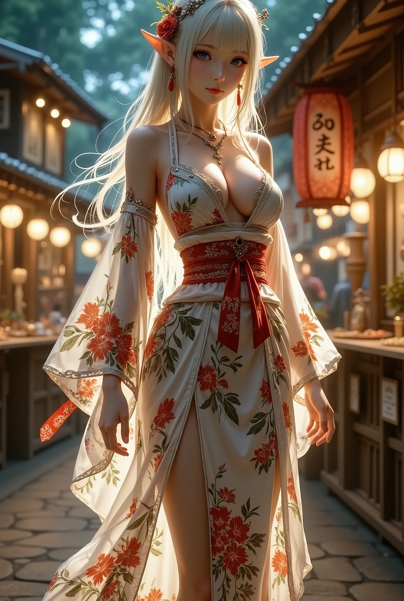 (8k, top quality, Masterpiece , Final Fantasy Style: 1.2),Atmospheric perspective, 8K, Very detailed, Accurate, Highest quality, masterpiece, Very detailed,Sharp focus, High resolution, accurate hand expression, fullbody shot of a female elf, very humid summer night, Complex Light, ,Japan's Bon Odori Festival, many stalls ,, (fullbody:1.5),, (:1.3), Complex, Narrow Face, elegant, (wearing a Japanese traditional Yukata, informal summer kimono:1.7),, ((large breasts:1.2), (huge breasts:1.2), (Uplifted and well-defined bust:1.2), (lifted chest:1.2), (perky breasts :1.2),(deep cleavage:1.4),()) and a huge waist, (sexy long legs, whole body picture:1.5), (:1.5)), To the camera, Very detailed, Digital Painting, Art Station, Concept Art, Smooth, Sharp focus, figure, ArtJam, Greg Rutkowski, Art by Alphonse Mucha, 8K, Volumetric Fog, bloom, light, lumen, Crank blur