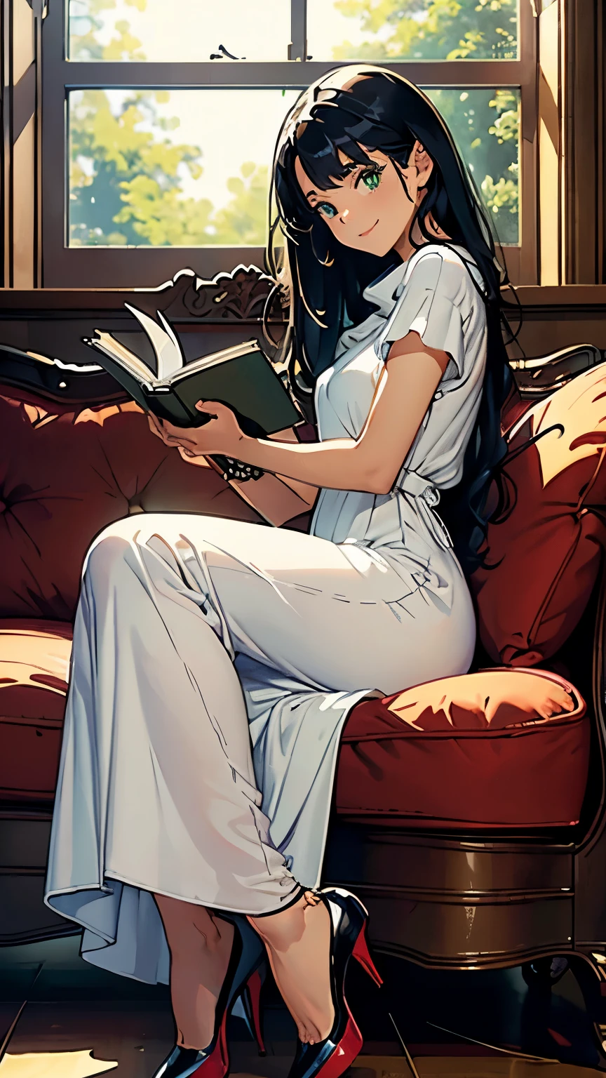    ((masterpiece, high resolution, better quality, better details)), ((Smiling)), ((one girl)) a girl reading a book in a sunlit living room, full body, wearing a long knit dress, ((long dress without openings)), with a cozy shawl, ((Louboutin high heels)), green eyes, ((black hair, hair)), shiny skin, ((side view)), solo, from the side, full body, focus full body, surrounded by comfortable furniture and a large window with sunlight streaming in