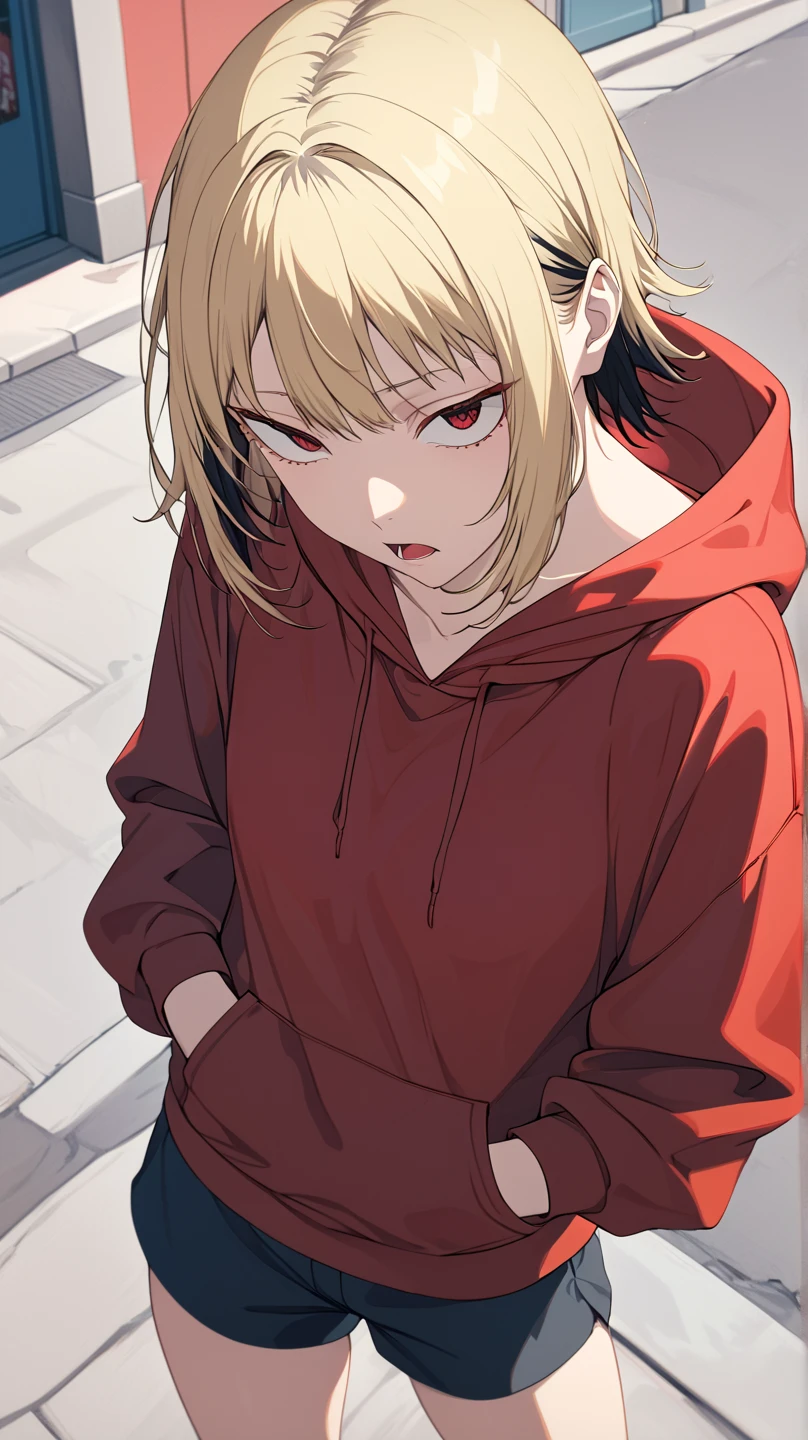  High Quality , 最 High Quality , masterpiece,  high definition ,accurate,
In the city,Shopping Street,
slouch, forward leaning position,
 1 girl, Blonde,  short hair, Anime Coloring ,  multi-colored hair ,  Bicolor Hair (Blonde), red eyes,Black hair on top of head only , straight hair, medium hair, side lock,Short bangs,Forehead,A mature atmosphere,medium height , Slender,Blondeがベース, flat chest, cool woman ,A mature atmosphere,Calm woman ,cool face
tops(Red hoodie)Bottoms(Shorts), with a little bit of sadness, No Emotion, has her hands in her hoodie pocket, is plunging her hands into her pockets, closeup , hands in pockets , No Emotion,solo,  protrudes from the screen, Vertical pupil,  high angle, angle from above ,Snake&#39;s Eyes, upper body only, very detailed, She's looking up at me, High Details ,  open your mouth slightly, tongue, tongueを出す, clavicle