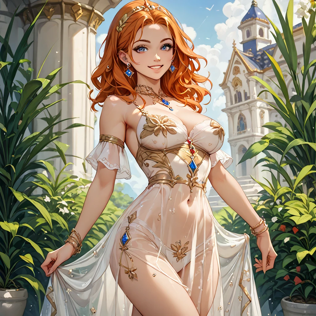 (( top quality )), ((masterpiece)), ( Details), （ perfect face）、 Zessika Albert with orange hair is wearing a see-through sexy dress where everything can be seen through and is smiling in a pose that shows off her attractive body、Zessika Albert not wearing underwear 