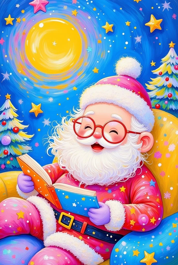 Oil painting, Christmas-themed background, a colorful Santa Claus lying on the sofa reading a book, wearing glasses and a pink hat with red-rimmed eyes, snowflakes falling outside the window, a happy expression, in a colorful cartoon style, with colorful clouds in bright colors, colorful , a cute smile, and warm light shining through the blue sky. The overall color tone is very lively, full of joy.