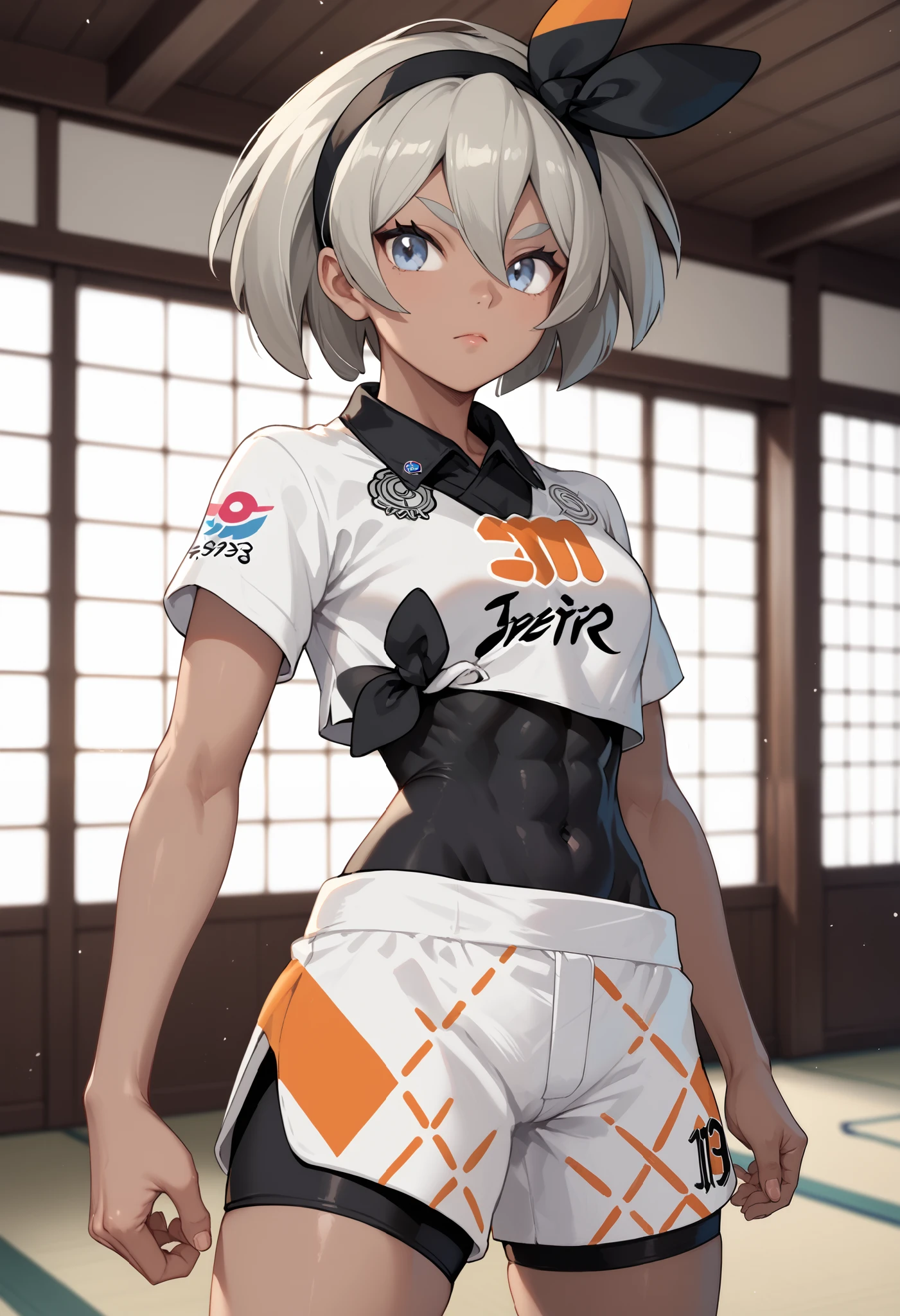 pokemonbea, blue eyes, dark skin, dark-skinned female, grey hair, hair between eyes, short hair, ribbon, hair ribbon, hairband, black ribbon, black hairband,bodysuit, covered navel, shorts, single glove, glove, crop top, white shirt, short sleeves, collar, white shorts,, cowboy shot, indoors, karate dojo