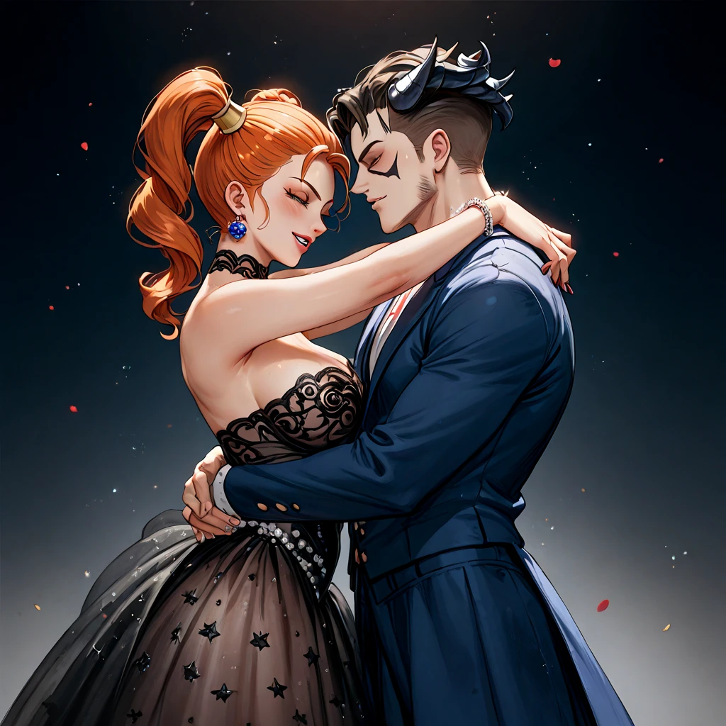 (( top quality )), ((masterpiece)), ( Details), （ perfect face）、Demon Queen's Orange-Haired Twintail Demon Curse Jessica Albert wears a see-through sexy black evil devil dress, hugs the man of the Archdevil's Daimao, and has a devil's wedding