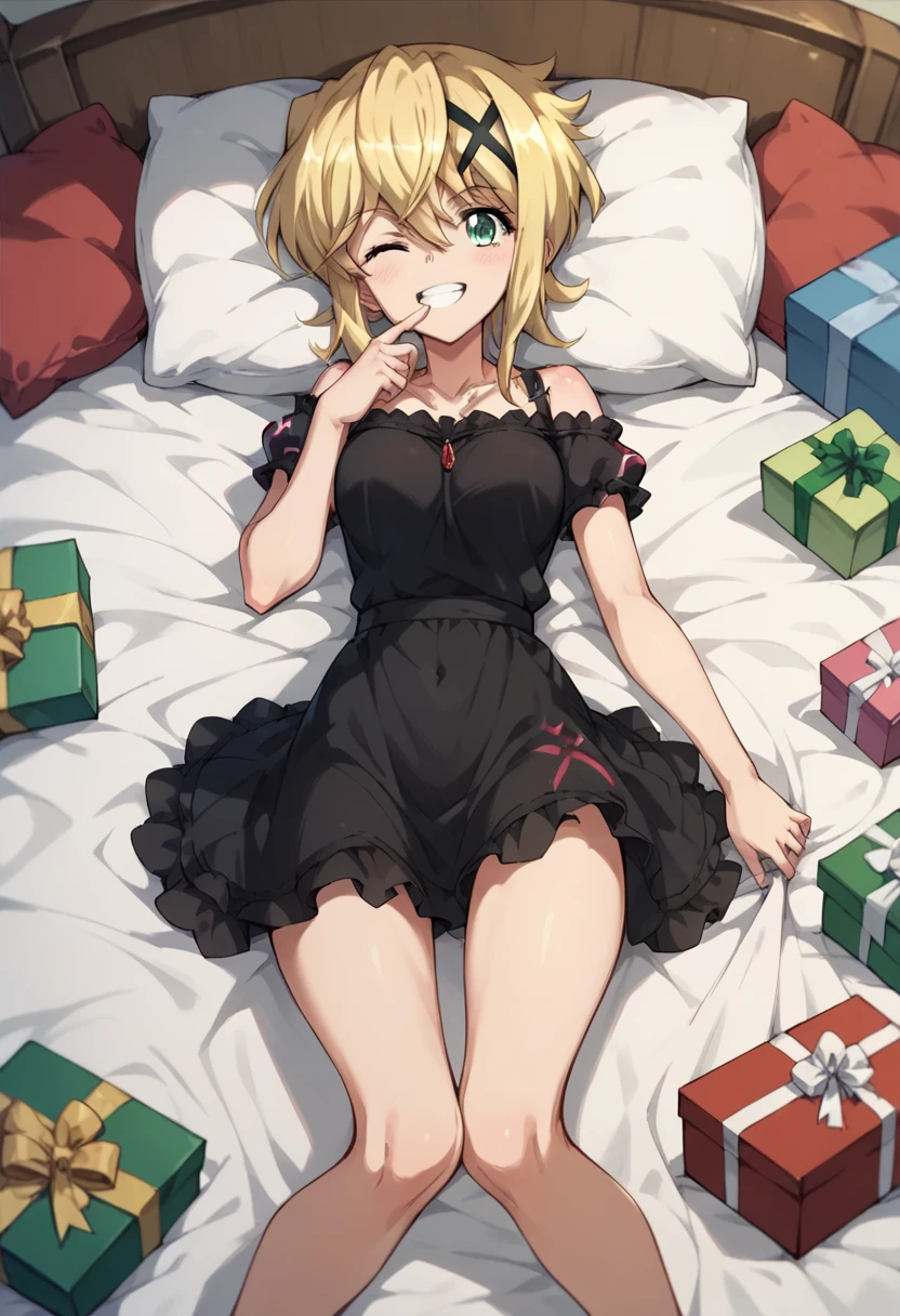 kirika akatsuki,black dress,wink,present,in the bed