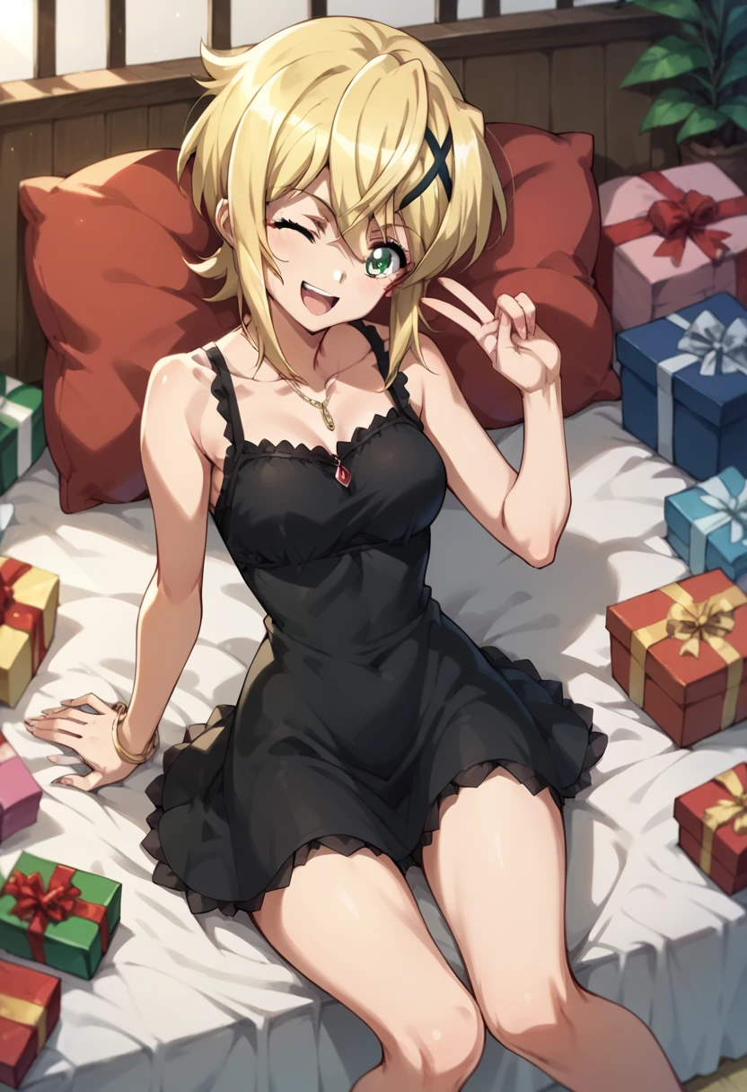 kirika akatsuki,black dress,wink,present,in the bed