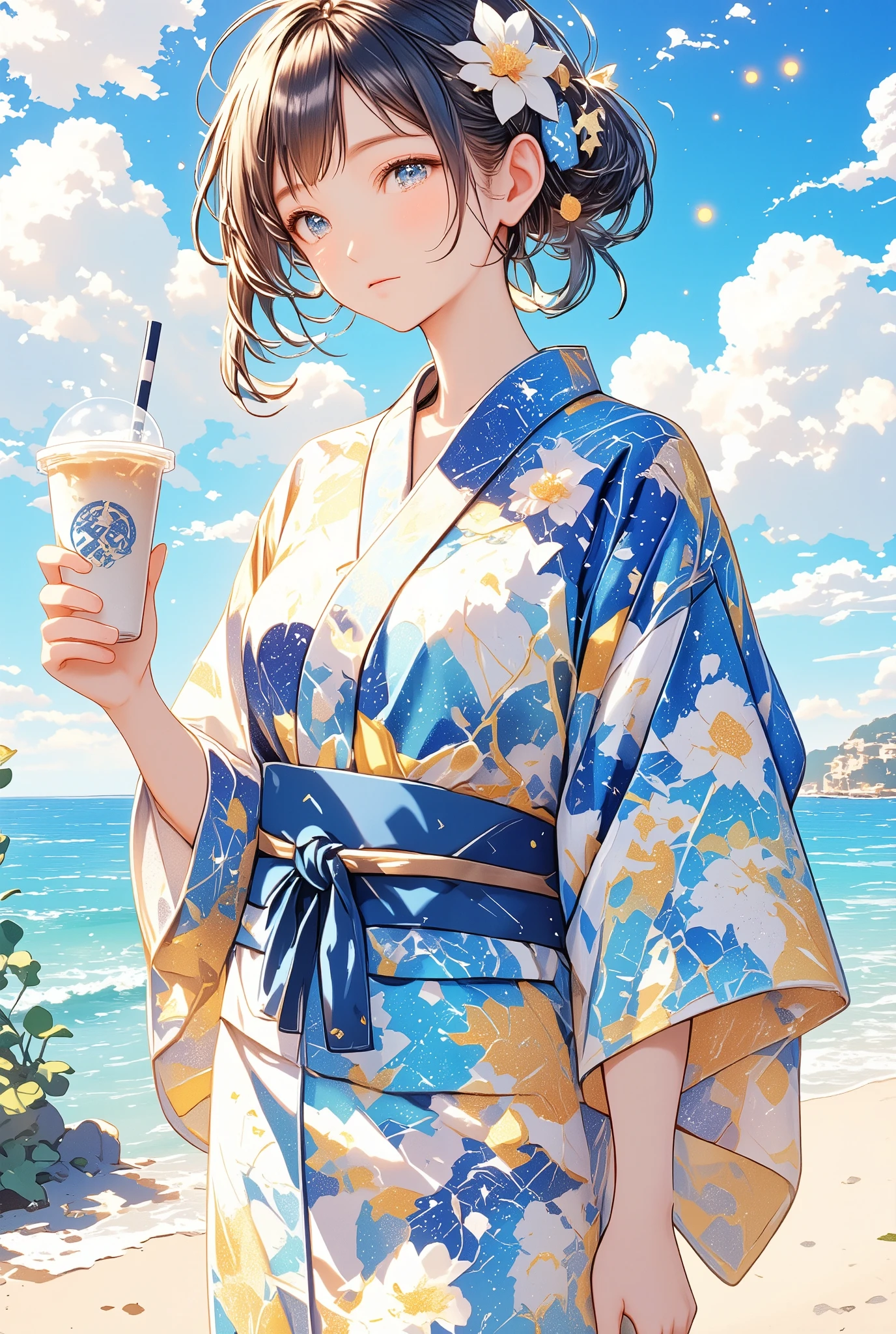 Royal milk tea scent, cute illustration, drawstring bag, a casual cotton kimono, A lady with beautiful hands, obi belt, fireworks, beautiful art, Universe, Firefly light, beautiful lady, In the clear air, points and lines, The pattern of the yukata gives a scientific, impression, Erroll Louis Garner's music in the background, variety of patterns, Lady in yukata, hair ornament, shadow blue illustration, cerulean blue illustration, egyptian blue illustration, yukata, Physical, summer season, Illustration with capri blue as the main color, Geometric pattern, Stylish geta, lily, intersection