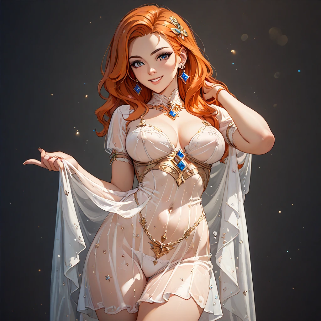 (( top quality )), ((masterpiece)), ( Details), （ perfect face）、 Zessika Albert with orange hair is wearing a see-through sexy dress where everything can be seen through and is smiling in a pose that shows off her attractive body、Zessika Albert not wearing underwear 