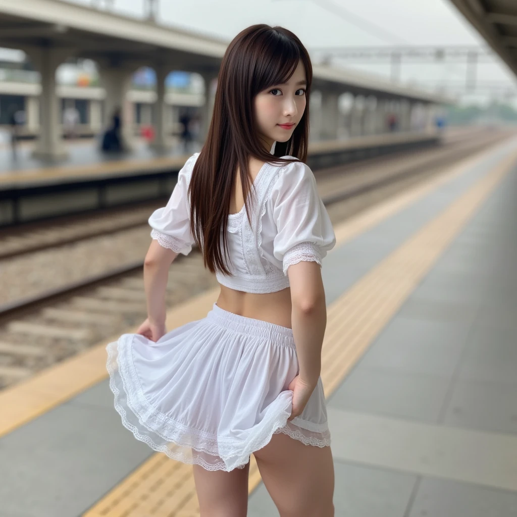 anna_girl, (((background is The platform of the station where the train is parked))), (((Japanese High School Girl Uniforms, mini skirt))), break, (((her skirt is flipped up by wind))), (((her skirt was turned up by wind))), (((sexy white panties visible))), (((style turned upside down and her butt was exposed))), break, (((from below))), (((お尻を見せて)))