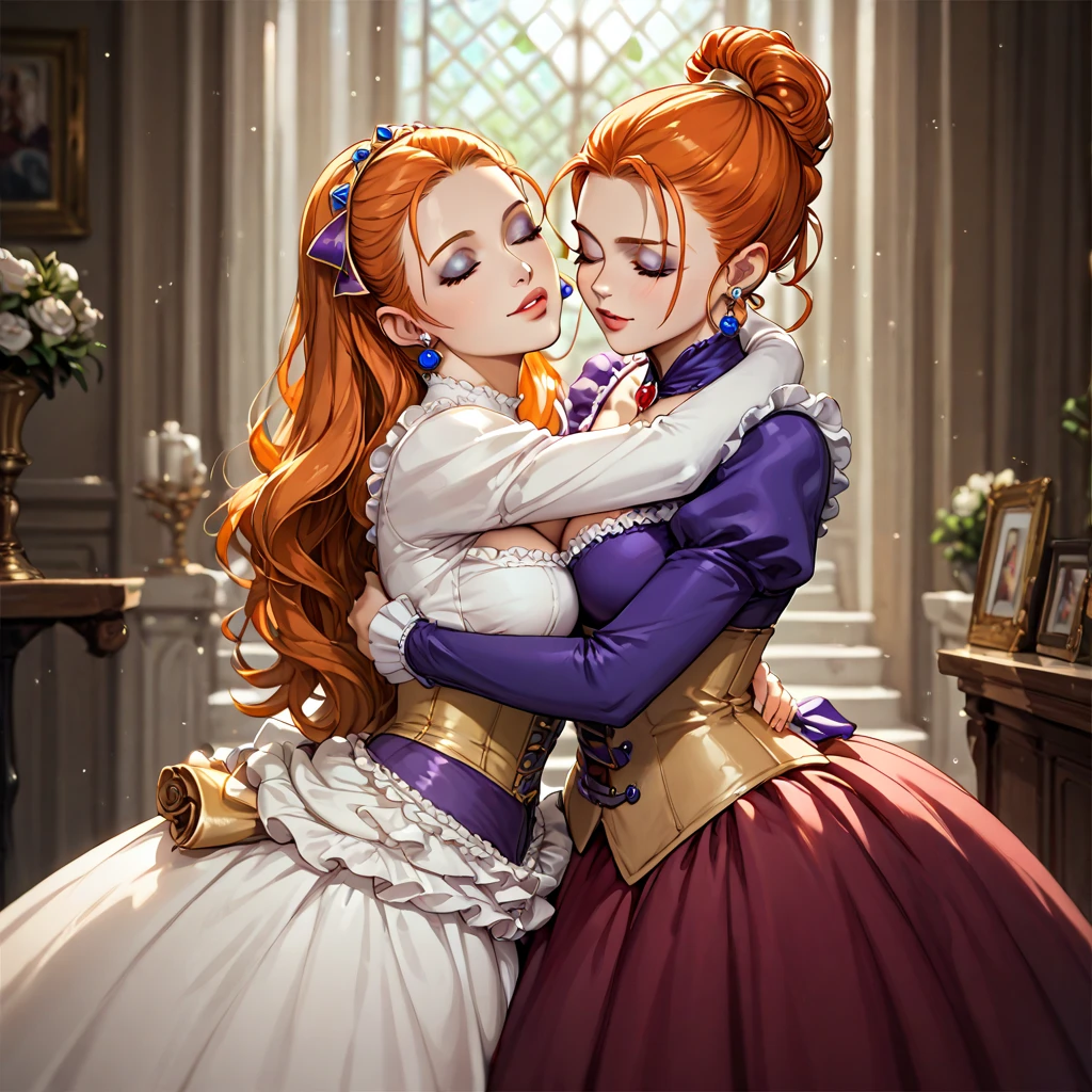 (( top quality )), ((masterpiece)), ( Details), （ perfect face）、The graceful countess Jessica Albert with orange hair wears a gorgeous vintage Victorian dress and is hugging and snuggling up to the powerful old count