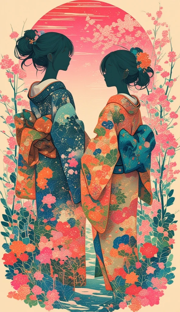 A collage art of women in yukata. The backdrop of a scenic sakura forest in Japan inside the woman's silhouette. Background of japanese sakura design patterns.