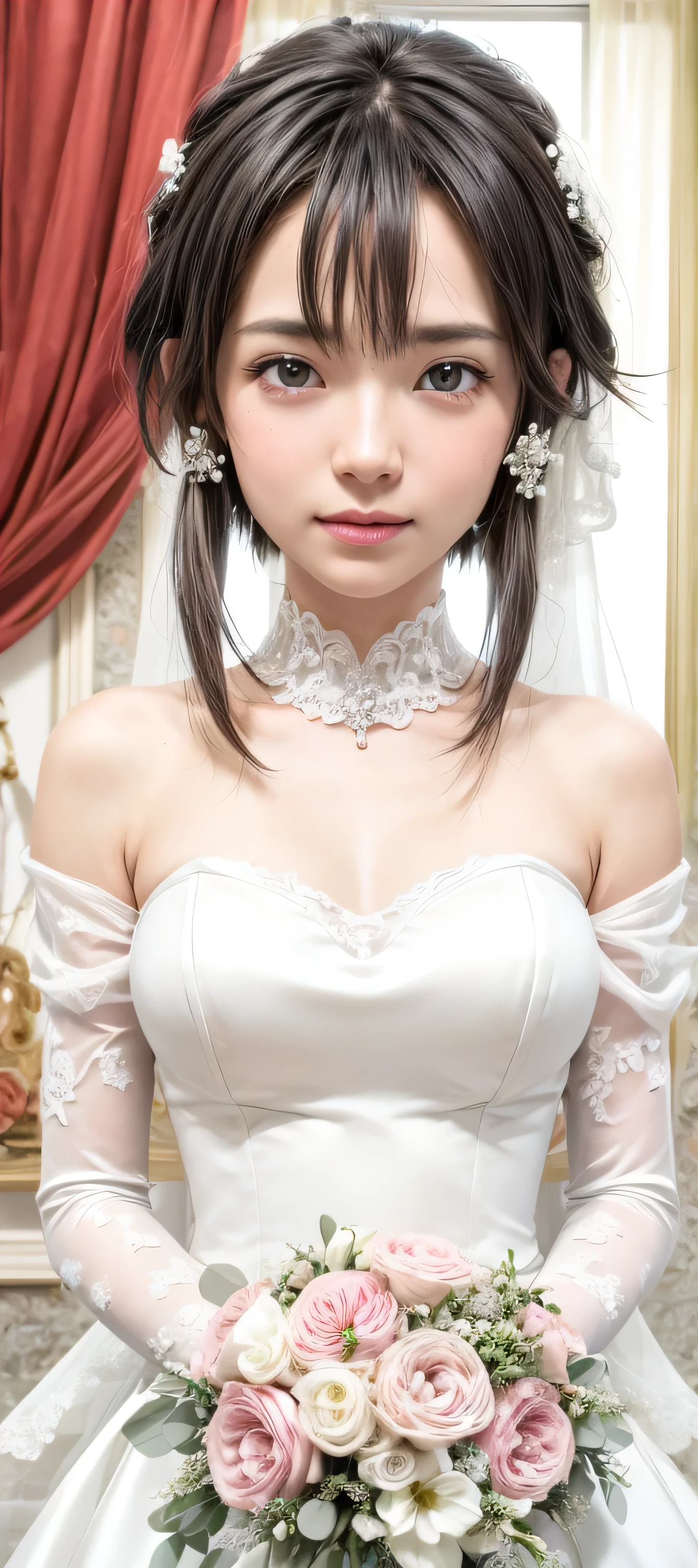 masterpiece, best quality, (realistic,photo-realistic:1.4), (RAW photo:1.2), extremely detailed CG unity 8k wallpaper, delicate and beautiful, amazing,finely detail, official art, absurdres, incredibly absurdres, huge filesize, ultra-detailed,extremely detailed eyes and face,light on face,sinon,(little smile),(short hair:1.4),(town:1.5),(room background:1.4),(white wedding dress:1.4),(black hair:1.4)