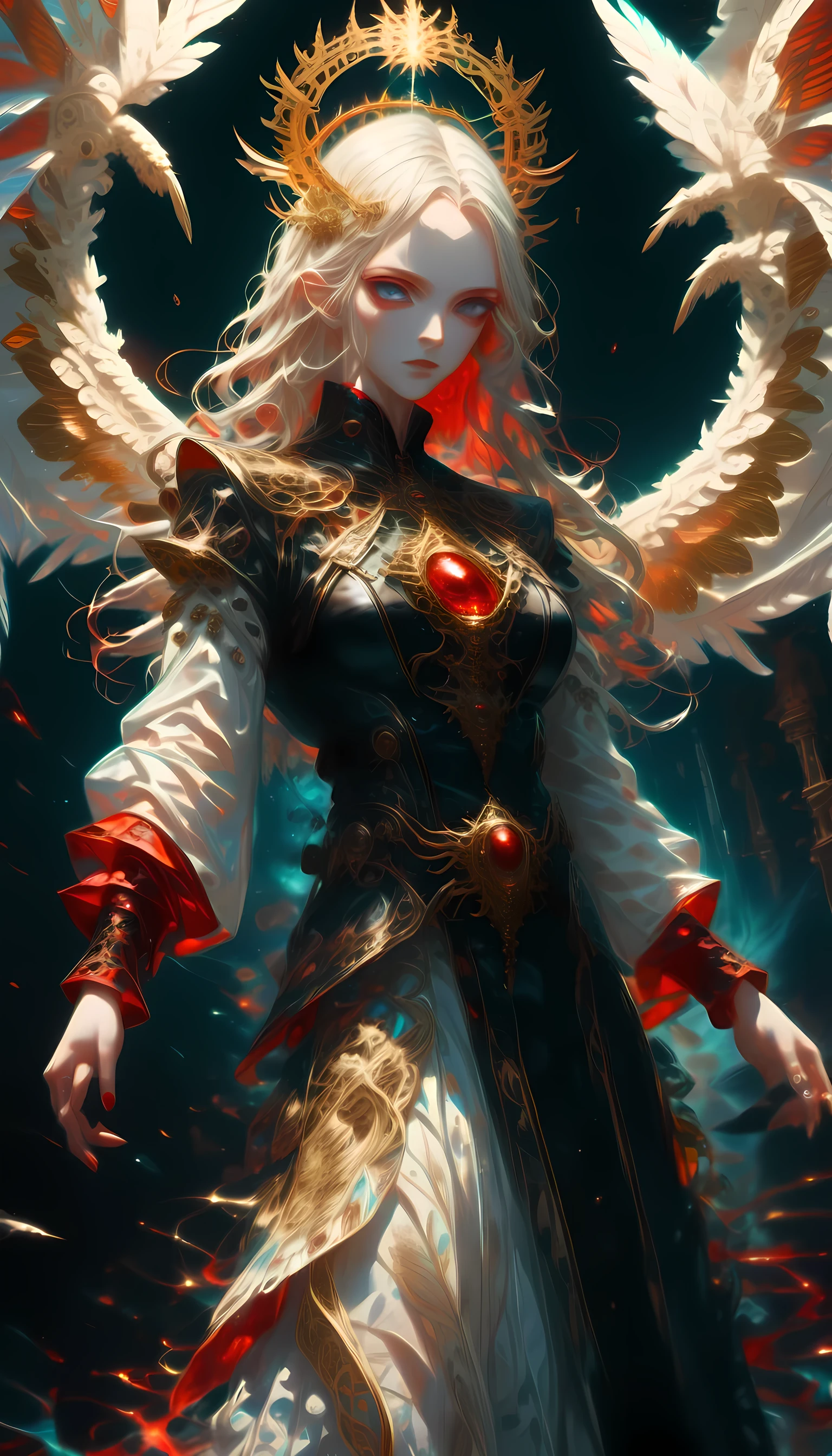 score_9, score_8_up, score_7_up, score_6_up, score_5_up, score_4_up, a magnificent female angel, busty long hair, dynamic hair color, long hair, wavy hair, shining blue eyes, white wings, wearing intricate elegant black leather dress, wearing ((red high heels: 1.5)), wings have angel wings angel, pale skin, angel wings, wings, white wings, white hair, white eyes, glowing eyes, white dress with golden pattern, Halo, fantasy, black latex corsage, black stockings,
