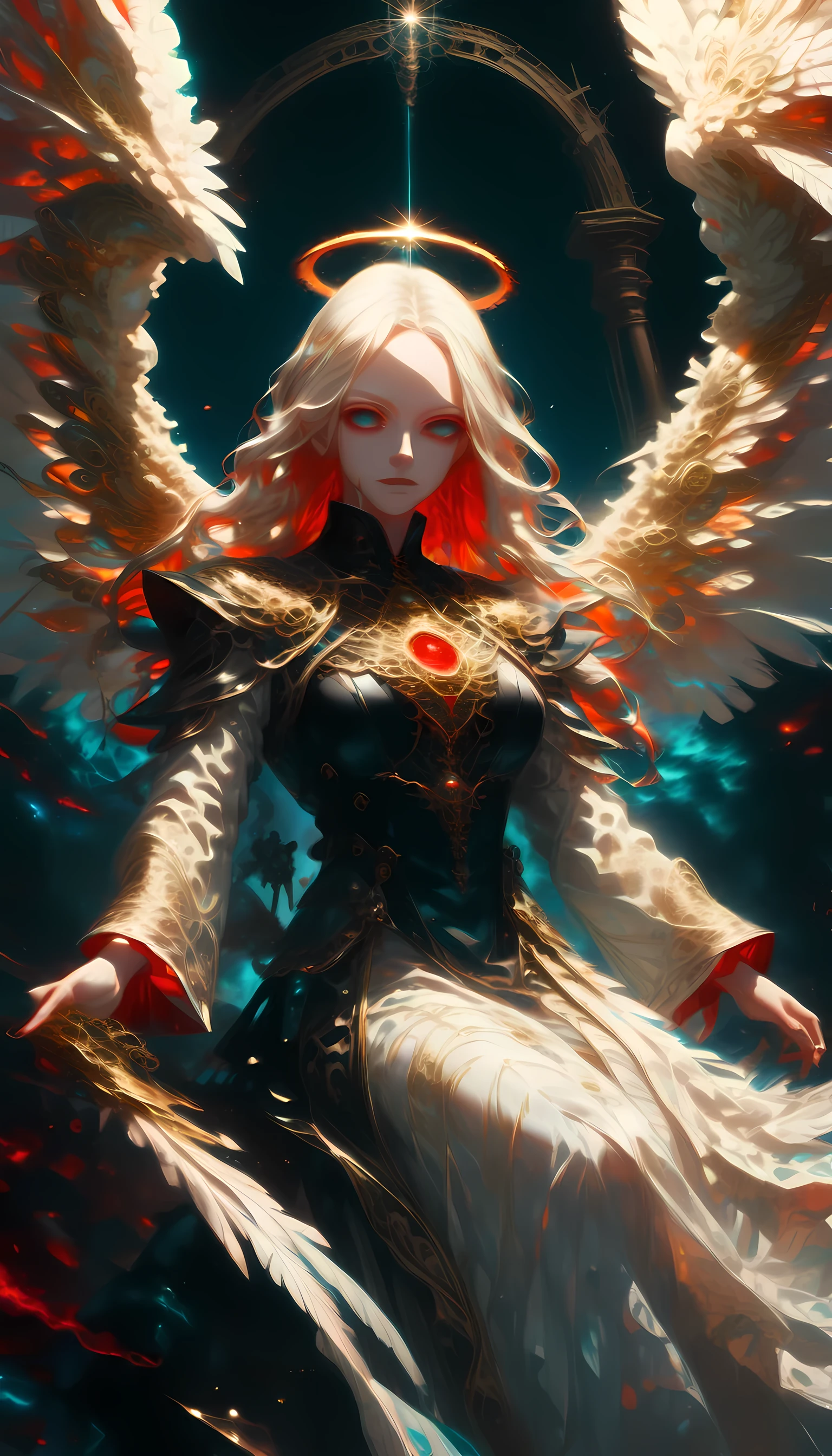 score_9, score_8_up, score_7_up, score_6_up, score_5_up, score_4_up,  a magnificent  female angel, busty long hair, dynamic hair color, long hair, wavy hair, shining blue eyes, white wings, wearing intricate elegant black leather dress, wearing ((red high heels: 1.5)), wings have angel wings angel, pale skin, angel wings, wings, white wings, white hair, white eyes, glowing eyes, white dress with golden pattern, Halo, fantasy,  black latex corsage, black stockings,