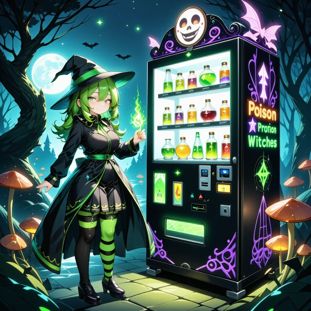 A close-up, whimsical yet slightly sinister scene of a 'Poison Vending Machine' designed for witches, glowing with vibrant green and purple lights. A cute and charming anime-inspired witch stands close to the vending machine, shown in close-up. She has bright green hair, large sparkling eyes, and a mischievous, sly grin with a hint of dark humor, as if she is plotting something. The witch is dressed in a stylish black and green outfit with a pointy hat, flowing cloak, and striped stockings. She holds a glowing poison vial, which reflects on her face, giving her an eerie yet adorable look. The vending machine in the background displays ominous items like glowing green poisons, cursed potions, and enchanted bottles labeled with skulls and magical symbols. The setting includes twisted trees, glowing mushrooms, faint magical particles in the air, and a moonlit dark forest, creating a mix of charm and dark fantasy. High-detail illustration, anime-inspired style, vibrant lighting, magical realism, cinematic composition.
