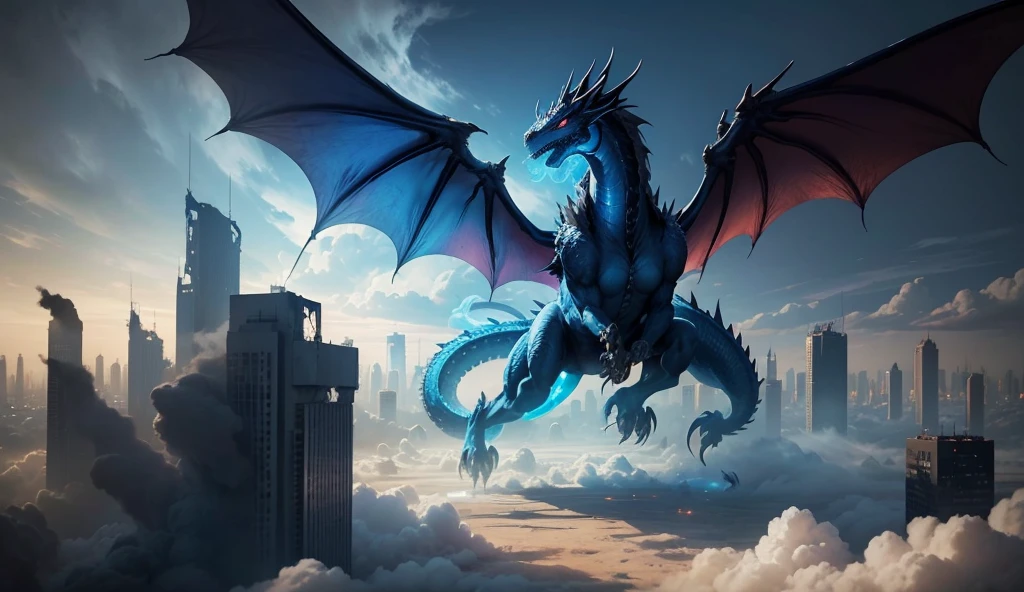 Tokyo destroyed by monsters,(((diamond、crystal)))、blue and white dragon with big wings,destroy the city