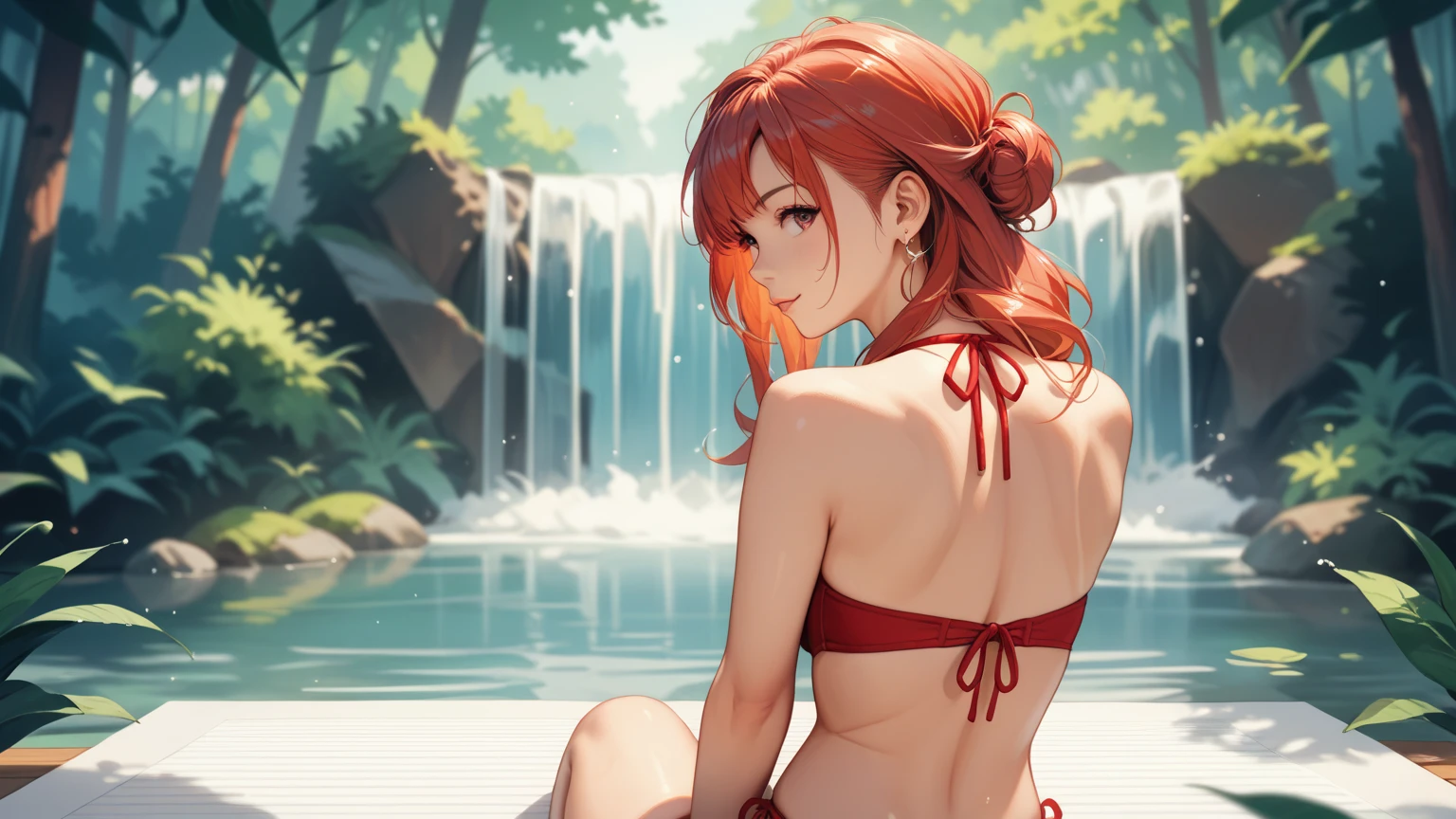 top-quality、Full limbs、complete fingers、1girl in、((one beautiful women、独奏))、Red hair、Medium hair、straight haired、Red competitive swimsuit、Luxury Ryokan、A large open-air bath surrounded by rocks、steam、Wet texture、natta、fullmoon、Lit up、is standing、Naughty Poses、A big smile