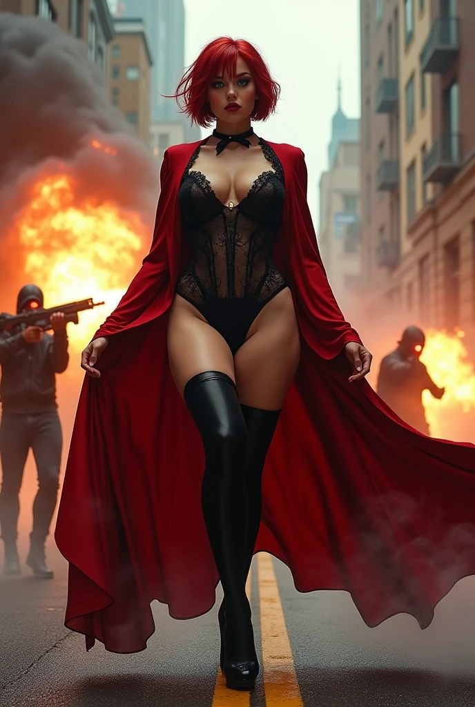 Dark short haircut blue eyes sexy beautiful supervampire gothic girl stockings high heels black uniform very tall red cape lifts a gangster by the neck in the air with one hand . The gangsters are frightened and fire their machine guns at her, all the bullets bouncing off her, flattening and deforming, and falling to the ground.