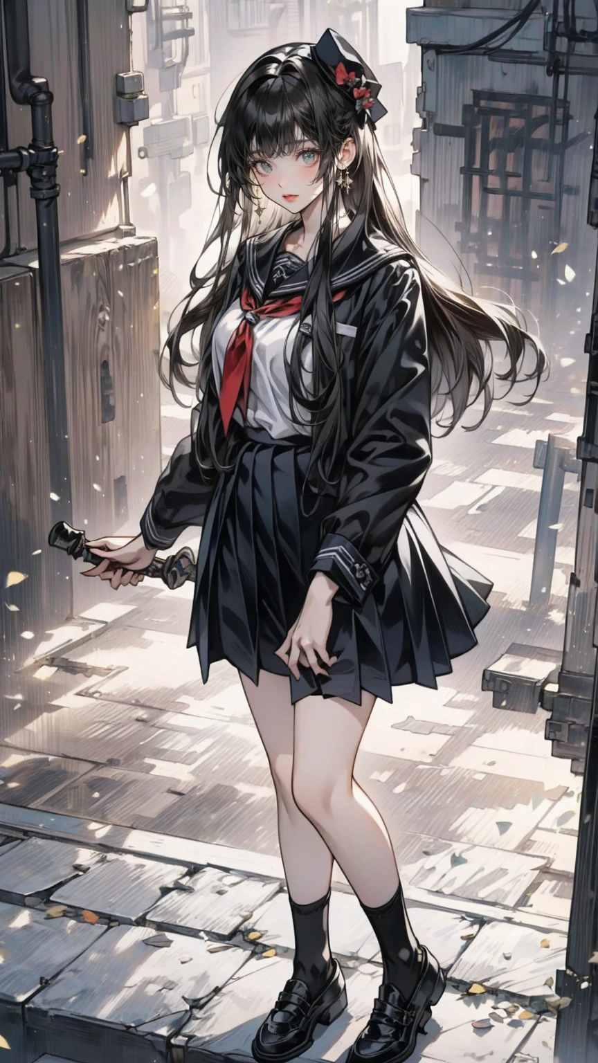  Overlooking the street level from a skyscraper、 Anime-Inspired Woman ,  1 girl, Alone,  skirt,  has , socks, mini  has ,  is watching viewers, gem,  black footwear ,  Long Sleeve , black  skirt, white socks, pleated  skirt,  standing with different breasts ,  earrings for women with first name,  black headwear,  Closed Mouth ,  shirt, Brown Hair,  outdoors on the street at night, bangs. ( top quality , masterpiece,  Ultra Details,  illustrations:1.2),(8k wallpaper),( beautiful  detail eyes:1.2),  beautiful,  amazing,  detail eyes, ( detailed skin), pastel color ,AddXL,
