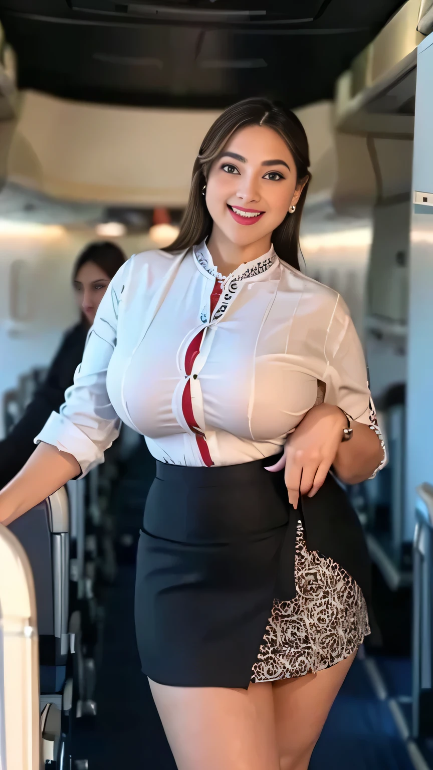 beautiful woman, 28 years、hyperdetailed face、Detailed lips、A detailed eye、double eyelid、(Smiling while walking gracefully down the aisle)、(Stewardess uniform:1.2)、((mini skirt:1.5)) (Glamorous body)、(Colossal )、（large full breasts）（big butts）（Plump body）（plump body shape）（ large full breasts）（Colossal ）((unbutton))、highs thighs thighs thighs, Perfect fit, Perfect image realism, Background with: (Business Class aisle on airplanes:1.2), Cowboy Shot, Meticulous background, detailed costume, Perfect litthing、Hyper-Realism、(Photorealsitic:1.4)、8K maximum resolution, (​masterpiece), ighly detailed, Professional