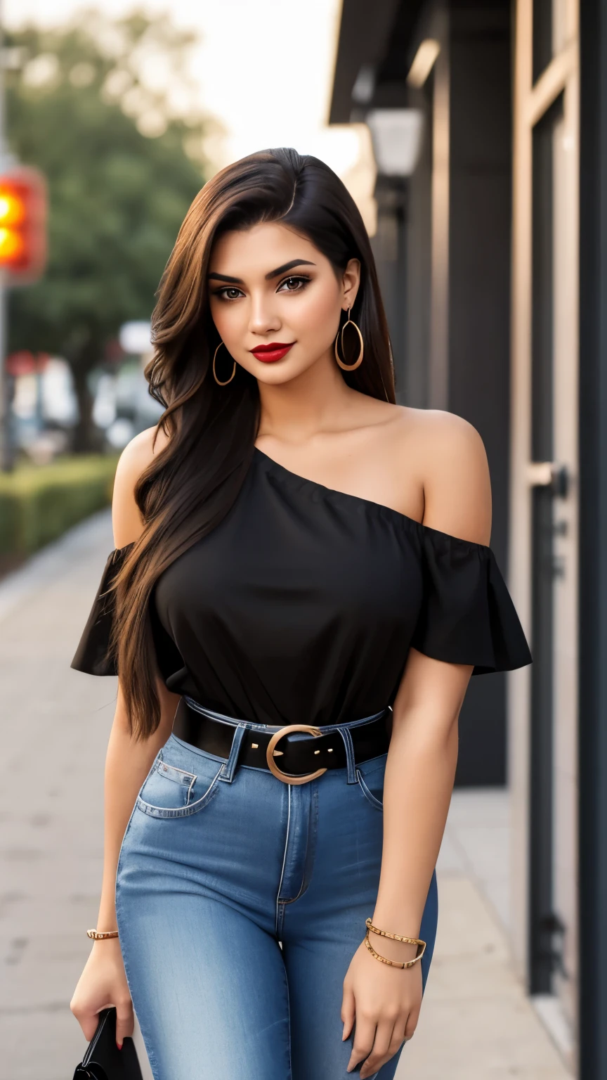 Create an ultra-realistic image of a modern, attractive female influencer of Indian descent, aged between 27 to 30. She should have a warm and inviting smile, expressive almond-shaped eyes with a slight shimmer, and clear, glowing skin with a medium brown complexion. Her features should be well-defined, with high cheekbones and a sharp jawline. Her hair should be long, thick, and wavy, with a deep, reddish-purple hue that’s bold yet sophisticated, styled in loose waves.
She should have a slender yet athletic build with an increased bust size (approximately 44-46 inches), and a more pronounced big butt size, reflecting a healthy and active lifestyle. She is wearing an off-shoulder transparent bra top, such that their nipple visible, their bra must be too transparent such that their nipples visible over bra and high-waisted black skinny jeans that accentuate her toned figure and complement her curves. Her outfit is completed with stylish black heeled sandals that add elegance to her look. She accessorizes with subtle yet chic jewelry, such as small hoop earrings and a few thin bangles.
The background should feature an upscale shopping district with boutiques, enhancing the cosmopolitan feel. Her overall appearance should exude confidence, approachability, and sophistication, capturing the essence of a contemporary Indian fashion influencer.