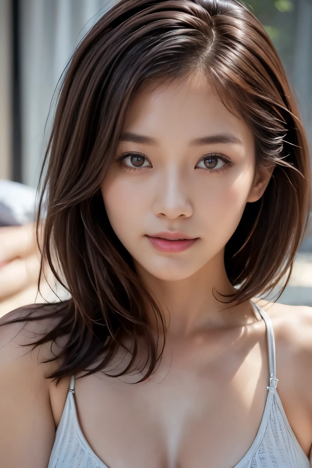 (((Face close-up)))、(((Absolutely shoulder-length brown straight short bob)))、(((She's lying on the bed and looking at us.)))、((((Thin tank top)))、Half Japanese and half Korean、28 year old girl、Looking forward、Light eye makeup、Brown Hair Color、Hair blowing in the wind、quality、Shiny Ultra-Realistic Face、glossy、lure、Sweaty,Watery eye、Gaze Up、Subtle lighting effects、Ultra-Realistic Capture、Very detailed、High resolution 16K human skin closeup。Skin texture must be natural、The detail must be such that the pores are clearly visible.、The skin is healthy、Even Tone、Use natural light and colors、High quality photos taken in-house by a model agency photographer、smile、(((SIGMA 300 mm F/1.4、1/1000 sec shutter、ISO 400)))