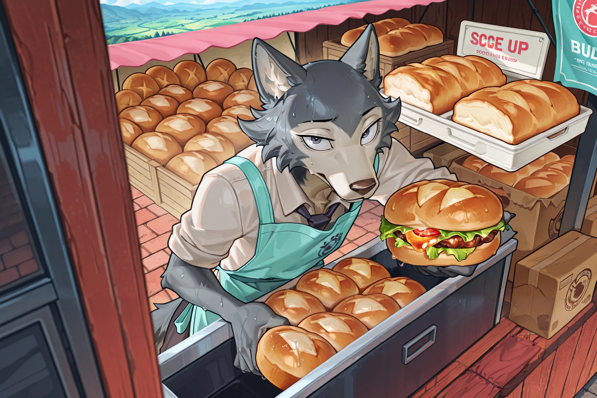 [char1="1guy, solo, tall, slim, anthro grey wolf, legoshi:1.5, from_beastars,white baker's 'clothes:1.5, sweating, in hurry:1.4, holds a lot of pack, baker's apron:1.5, "][pack=" stock of bread, detailed bread a lot of bread, box full of bread, perfect white box, detailed"], char1 {runs in the street|shells baked bread in the street} street's food stand, lineless, dynamic, sdxl, high detailed, extreme angle shot, neon lineeffect, perfect prospective, deep of view, anime style, landscape, by pixelsketcher:0.5