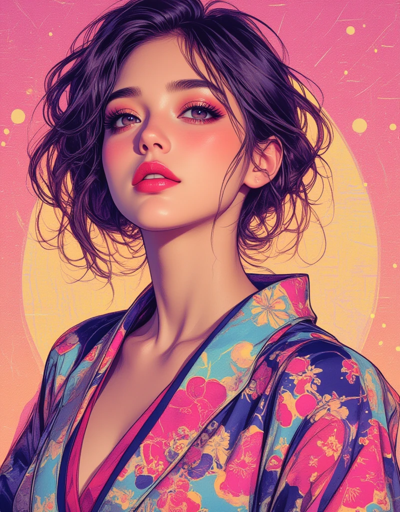 Woman wearing a Japanese yukata. Nouveau Realism, Chillwave, Groovy retro vibes, Girl Portrait and Flowers, Future Girlfriend, retro futuristic, flat Illustration, Electro Madness, Groovy retro vibes, Cross-hatched gradient, feminine art, Artwork made by Frédéric Boilet. ArsMJStyle, Oil Pastels, drawing, Nostalgia elements, Comic book style, experimental design. zavy-dtlnm