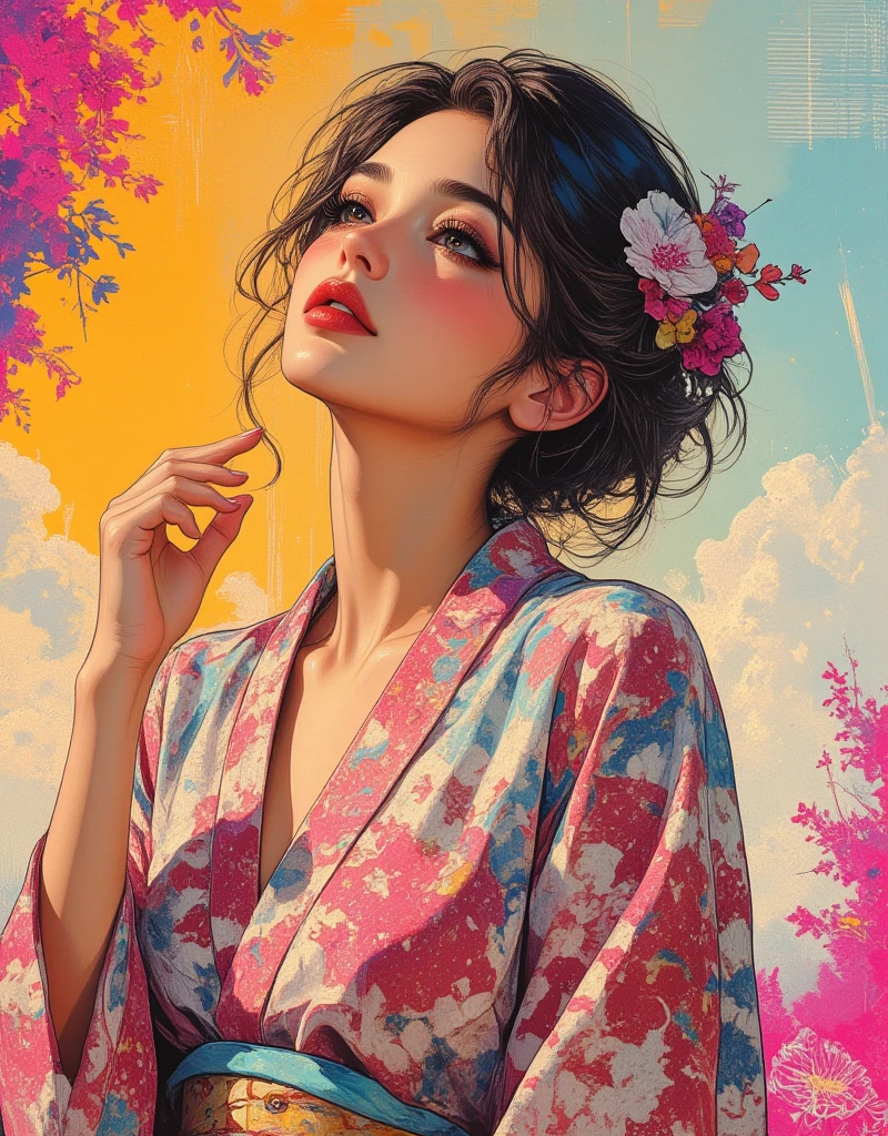 Woman wearing a Japanese yukata. Nouveau Realism, Chillwave, Groovy retro vibes, Girl Portrait and Flowers, Future Girlfriend, retro futuristic, flat Illustration, Electro Madness, Groovy retro vibes, Cross-hatched gradient, feminine art, Artwork made by Frédéric Boilet. ArsMJStyle, Oil Pastels, drawing, Nostalgia elements, Comic book style, experimental design. zavy-dtlnm