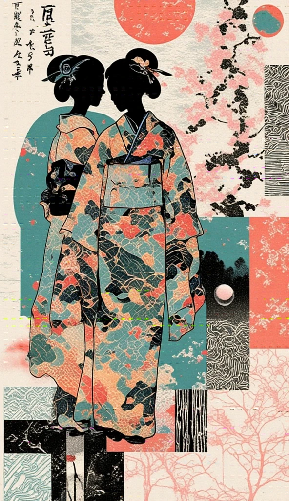 A collage art of women in yukata. The backdrop of a scenic sakura forest in Japan inside the woman's silhouette. Background of japanese sakura design patterns.