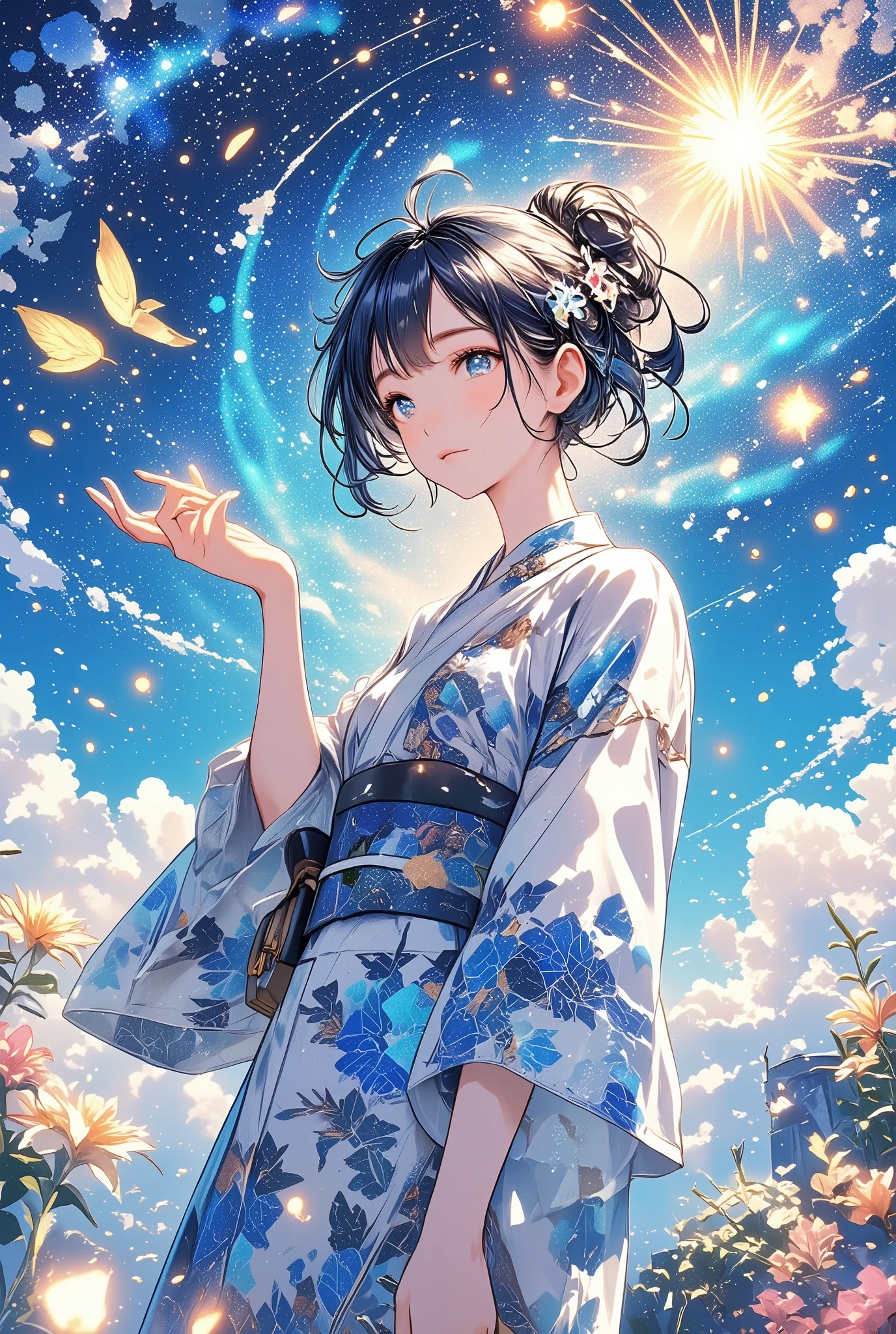 Royal milk tea scent, cute illustration, drawstring bag, a casual cotton kimono, A lady with beautiful hands, obi belt, fireworks, beautiful art, Universe, Firefly light, beautiful lady, In the clear air, points and lines, The pattern of the yukata gives a scientific, impression, Erroll Louis Garner's music in the background, variety of patterns, Lady in yukata, hair ornament, shadow blue illustration, cerulean blue illustration, egyptian blue illustration, yukata, Physical, summer season, Illustration with capri blue as the main color, Geometric pattern, Stylish geta, lily, intersection