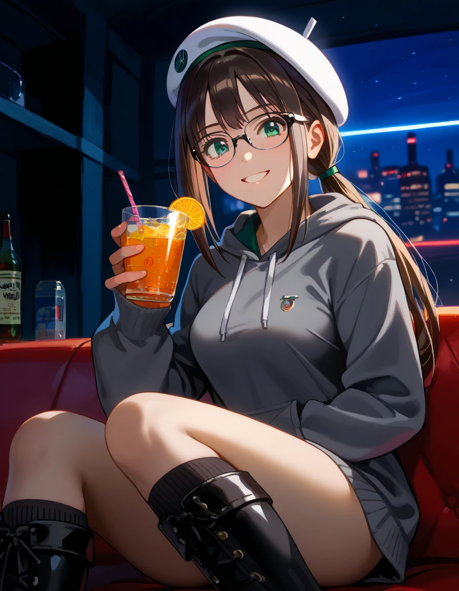 ( Ultra Realistic Photo , RAW photos  , realism , 3d rendering ,Unity Engine), BRAEK ( one girl ,15yo,Shibuya Rin, black hair,  green eyes,  long hair,(medium breasts:1.2), low ponytail, grey hoodie, Black miniskirt, black socks, black knee boots, white beret, black glasses), break (macro shot, cowboy shot), break (enjoying drinks, night club, vibrant, club lighting, energetic),break (delightful, smiling, cheerful),break (masterpiece、 top quality 、 super detailed 、 insanely detailed、Exquisite、 beautiful、Full HD、16k、( absurd))