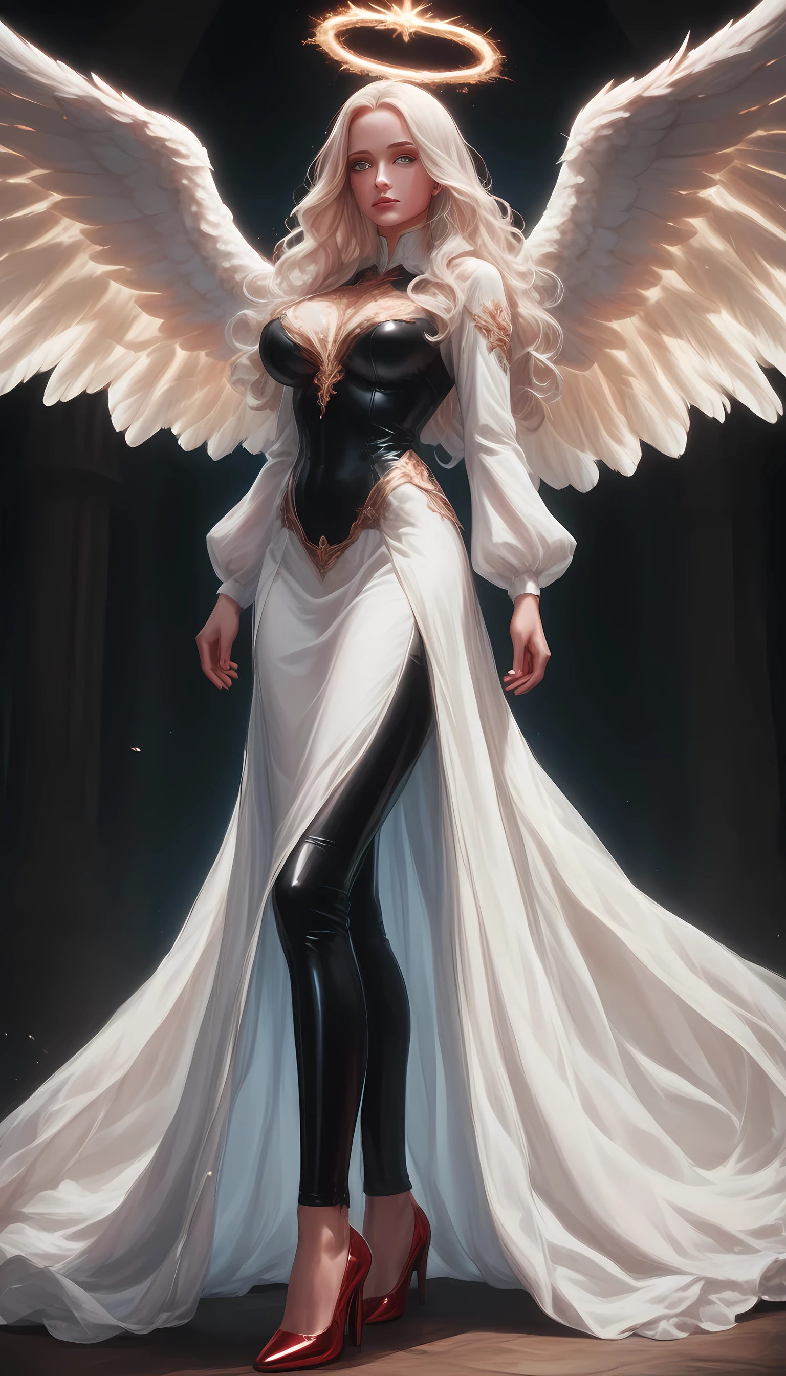 score_9, score_8_up, score_7_up, score_6_up, score_5_up, score_4_up,  a magnificent  female angel, busty long hair, dynamic hair color, long hair, wavy hair, shining blue eyes, white wings, wearing intricate elegant black leather dress, wearing ((red high heels: 1.5)), wings have angel wings angel, pale skin, angel wings, wings, white wings, white hair, white eyes, glowing eyes, white dress with golden pattern, Halo, fantasy,  black latex corsage, black stockings,