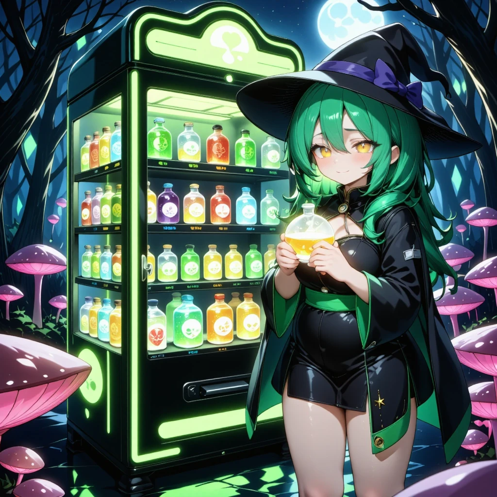 A close-up, whimsical yet slightly sinister scene of a 'Poison Vending Machine' designed for witches, glowing with vibrant green and purple lights. A cute and charming anime-inspired witch stands close to the vending machine, shown in close-up. She has bright green hair, large sparkling eyes, and a mischievous, sly grin with a hint of dark humor, as if she is plotting something. The witch is dressed in a stylish black and green outfit with a pointy hat, flowing cloak, and striped stockings. She holds a glowing poison vial, which reflects on her face, giving her an eerie yet adorable look. The vending machine in the background displays ominous items like glowing green poisons, cursed potions, and enchanted bottles labeled with skulls and magical symbols. The setting includes twisted trees, glowing mushrooms, faint magical particles in the air, and a moonlit dark forest, creating a mix of charm and dark fantasy. High-detail illustration, anime-inspired style, vibrant lighting, magical realism, cinematic composition.
