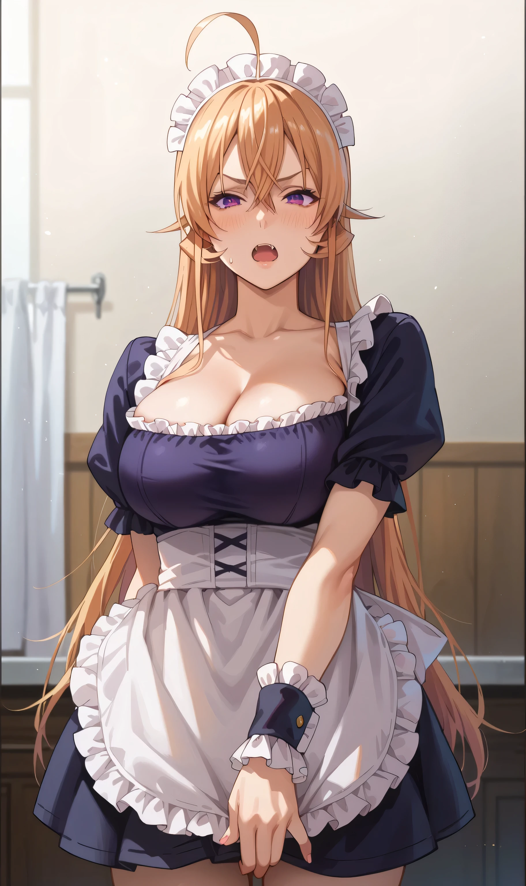 Close mouth, Mature female, fit girl, score_9, score_8_up, score_7_up, score_6_up, score_5_up, score_4_up, BREAK source_anime,1girl,erina nakiri, long hair, orange hair, hair between eyes,(purple eyes), shinny eyes,huge breasts, flashy gyaru,1girl, breasts, maid_headdress, maid, long_hair, solo, blonde_hair, apron, blush, cleavage, large_breasts, ahoge, dress, , open_mouth, wrist_cuffs, fang, short_sleeves, frills, brown_eyes, sweatdrop, maid_apron, waist_apron, puffy_sleeves, alternate_costume