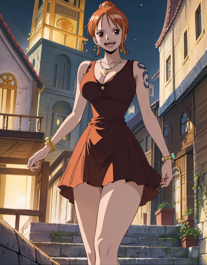  ( top quality , 4K, 8k,  high definition , masterpiece:1.2),  super detailed , ( realistic , photo realistic , photo- realistic :1.37) , Official Art , drawn in anime style , Nami in One Piece,Beautiful pale orange hair,Chignon, braids , Dominant Smile ,Left shoulder tattoo, necklace, Big Breasts ,Black dress,(Beautiful back view),(turn around),Around town, orange street lamp,(night), Eiffel Tower, Beautiful Starry Sky,アートスタイルはCharmingなアニメスタイルに似ている.  rendering. For enhanced visual effect, Add HDR, 超 high definition ,  Studio Lighting , Fine painting,  sharp concentration , 物理ベース rendering,  detailed description ,  professional ,  bright colors , ボケはなく安定拡散 professional ンプトを、Please enter as is, Generate realistic anime style for Nami in One Piece ,((( top quality ))), (( super detailed )),((masterpiece:1.5)),  detailed pictures, ( top quality : 1.4), ( One Girl ) , beautiful skin, Charming, 超 high definition ,  high image quality, (Sexually excited:1.5), Cinematic Writing:1.7, Sunshine Spot:1.3,shadow spot 1 .2,Perfect means, Perfect Limbs ,Perfect means