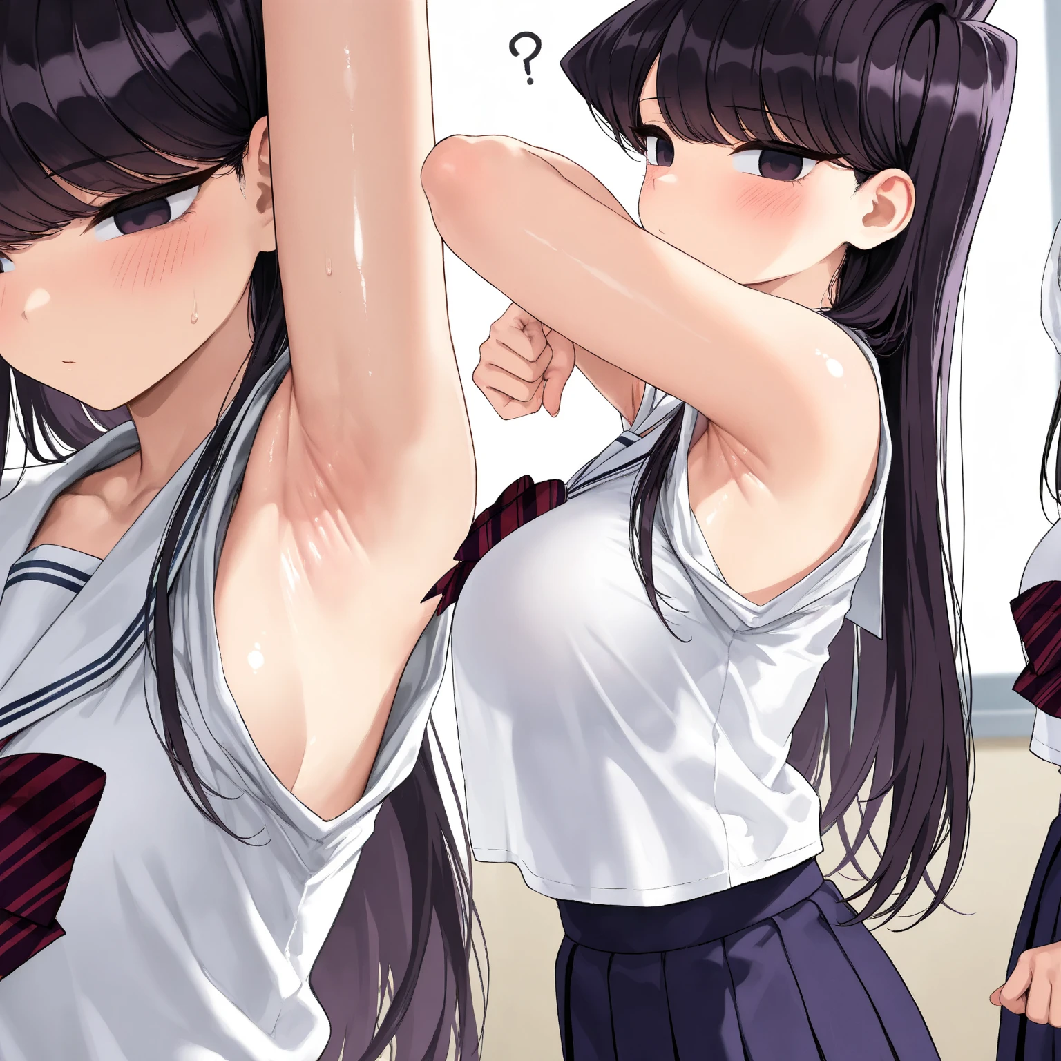 (Best Masterpiece, HDR, 2k, High Quality) Komi-San,   A young girl with long, japanese school uniform, her expression is gentle and shy, long hair, black hair, standing, medium breast, confused ((Armpits, Showing Armpits, Detailed Armpits, Shiny Armpits, More Detailed Armpits, Armpits Crease, Perfect Armpits, Zoom In Armpits, Side Armpits)) 