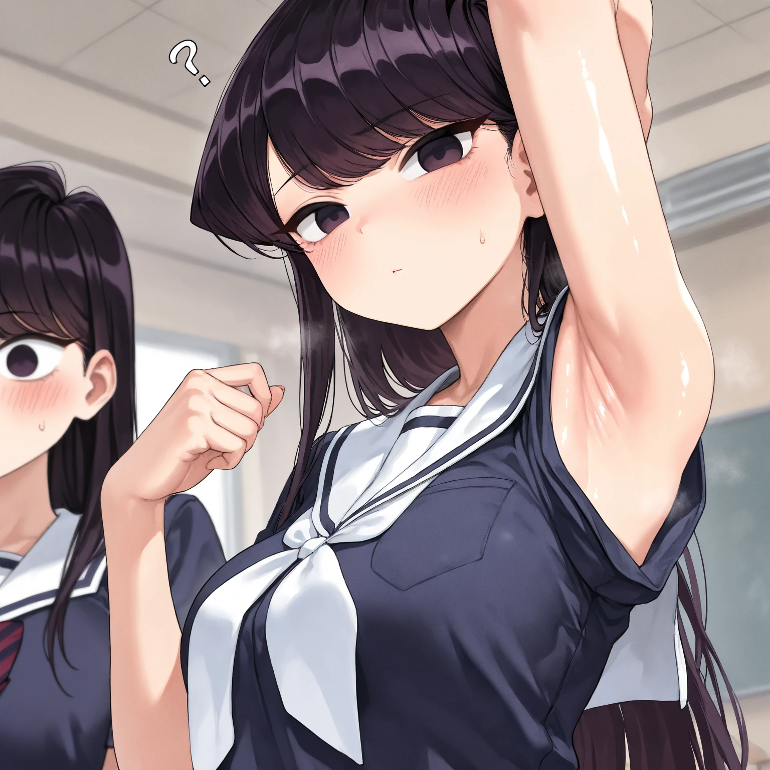 (Best Masterpiece, HDR, 2k, High Quality) Komi-San,   A young girl with long, japanese school uniform, her expression is gentle and shy, long hair, black hair, standing, medium breast, confused ((Armpits, Showing Armpits, Detailed Armpits, Shiny Armpits, More Detailed Armpits, Armpits Crease, Perfect Armpits, Zoom In Armpits, Side Armpits)) 