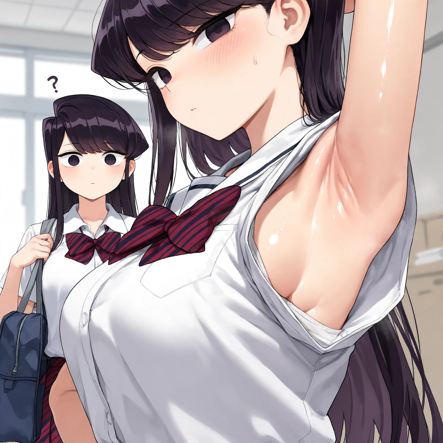 (Best Masterpiece, HDR, 2k, High Quality) Komi-San,   A young girl with long, japanese school uniform, her expression is gentle and shy, long hair, black hair, standing, medium breast, confused ((Armpits, Showing Armpits, Detailed Armpits, Shiny Armpits, More Detailed Armpits, Armpits Crease, Perfect Armpits, Zoom In Armpits, Side Armpits)) 