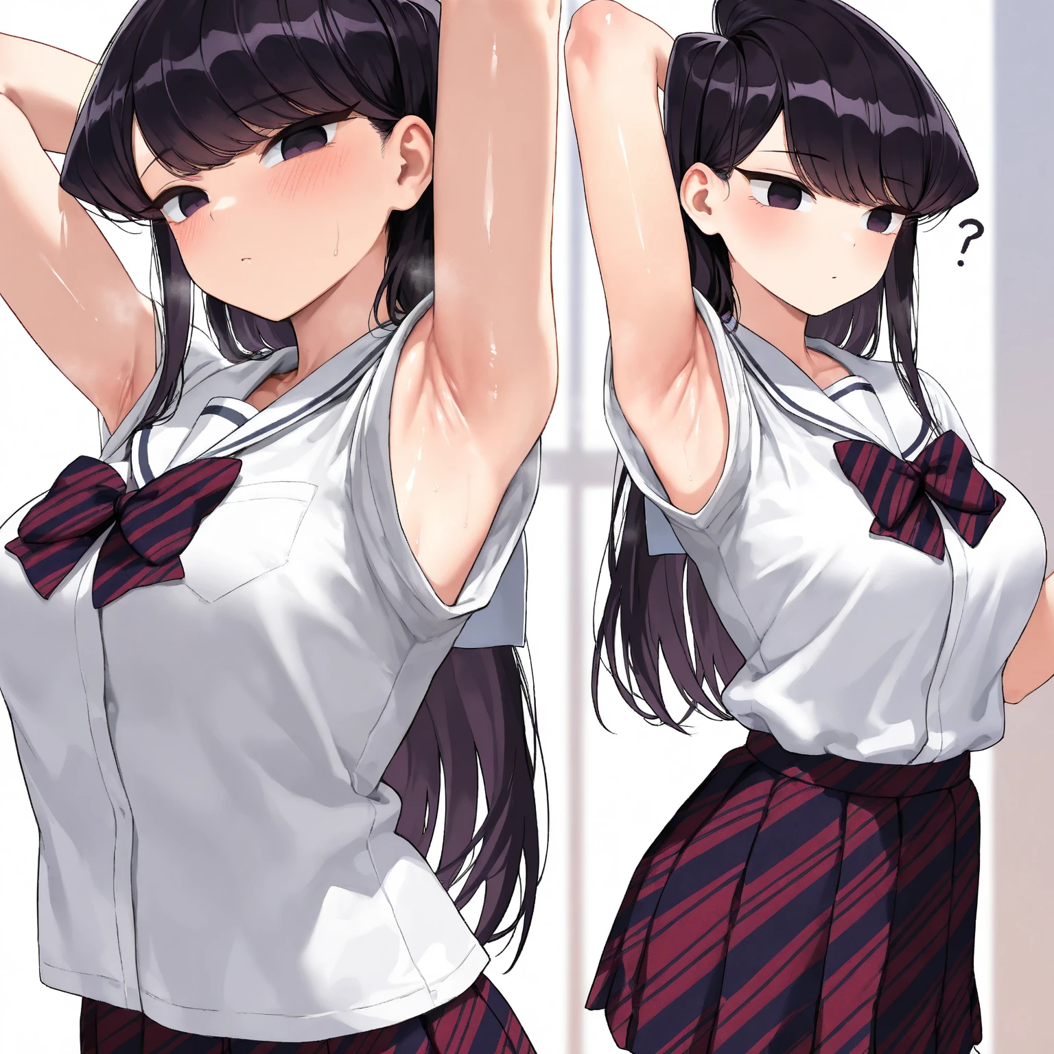 (Best Masterpiece, HDR, 2k, High Quality) Komi-San,   A young girl with long, japanese school uniform, her expression is gentle and shy, long hair, black hair, standing, medium breast, confused ((Armpits, Showing Armpits, Detailed Armpits, Shiny Armpits, More Detailed Armpits, Armpits Crease, Perfect Armpits, Zoom In Armpits, Side Armpits)) 