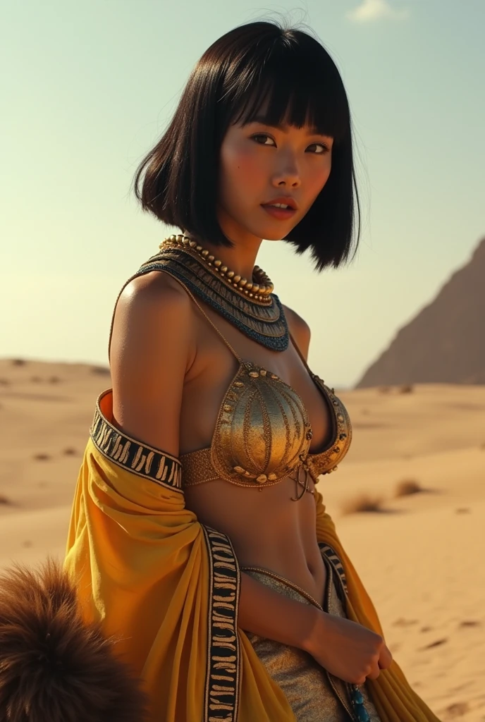 ((Masterpiece)), beautiful, 1 girl, whole body, sonoko wearing an egyptian dress in the desert, egyptian dress, pelvic curtain, White dress, gold ornaments, neckline, big breasts, short hair, The desert as a background