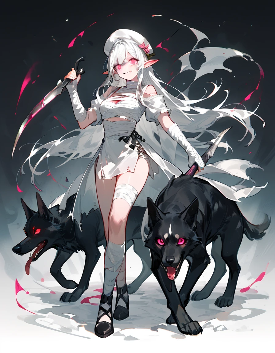 Elf Girl,White hair,In pink eyes ,canine, bandages on the chest ,Scary smile,, a full-length bandage., put on a tall white hat ,Holding a sickle,With a black dog 