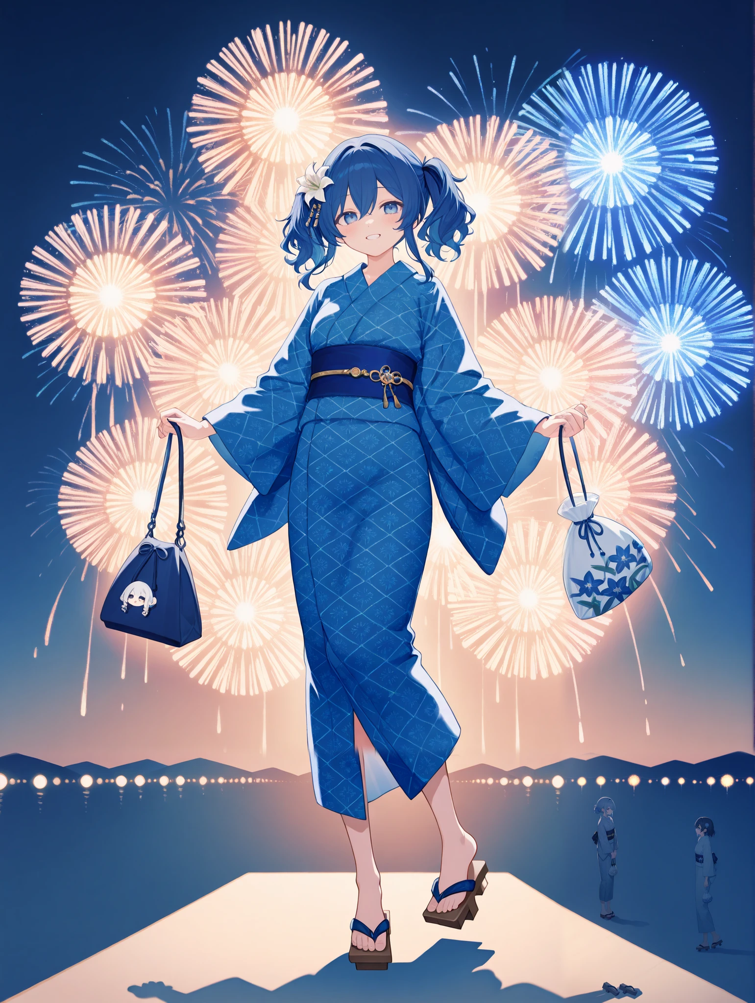 Royal milk tea scent, cute illustration, drawstring bag, a casual cotton kimono, A lady with beautiful hands, obi belt, fireworks, beautiful art, Universe, Firefly light, beautiful lady, In the clear air, points and lines, The pattern of the yukata gives a scientific, impression, Erroll Louis Garner's music in the background, variety of patterns, Lady in yukata, hair ornament, shadow blue illustration, cerulean blue illustration, egyptian blue illustration, yukata, Physical, summer season, Illustration with capri blue as the main color, Geometric pattern, Stylish geta, lily, intersection