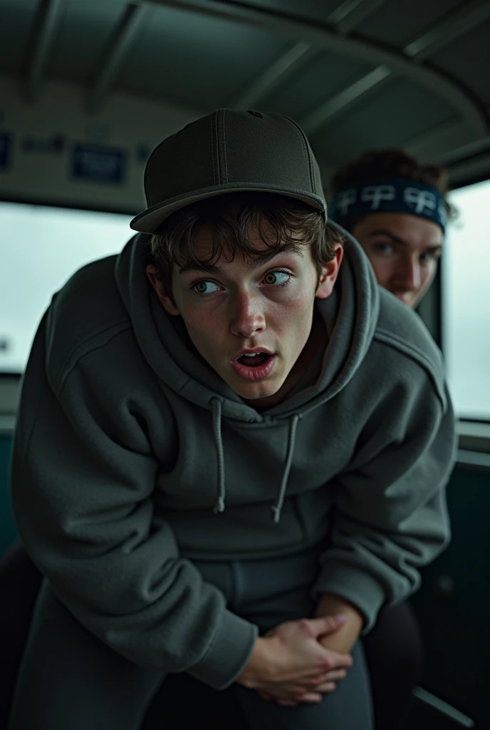 Teen boy wearing blue hoodie and black pants barefoot tied up and gag with duct tape in car with brown shoes beside him while he get kidnapped by kidnapper on a road to abandoned building